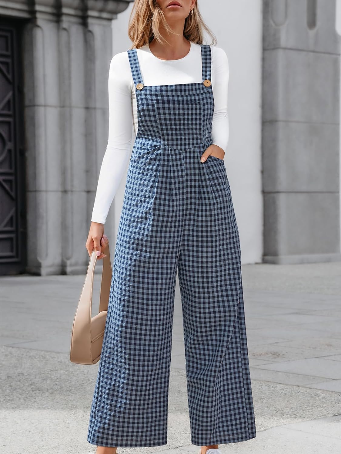 CUPSHE Womens Maxi Jumpsuit Square Neck Sleeveless Plaid Pockets Wide Leg Pleated Summer Casual Loose Overall Long Romper - Image 4