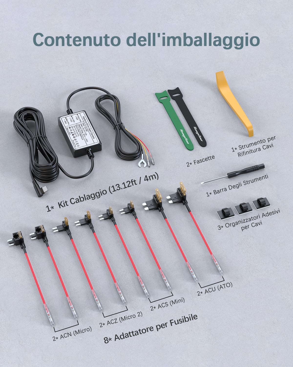 Kit Cablaggio USB-C, Dash Cam Hardwire Kit con 4 Tipi/8 Fusibili Adattatori, Cavo Tap e Strumento di Installazione 4m/13.12ft 12V/24V a 5V/2.5A Auto Cavo di Ricarica Kit