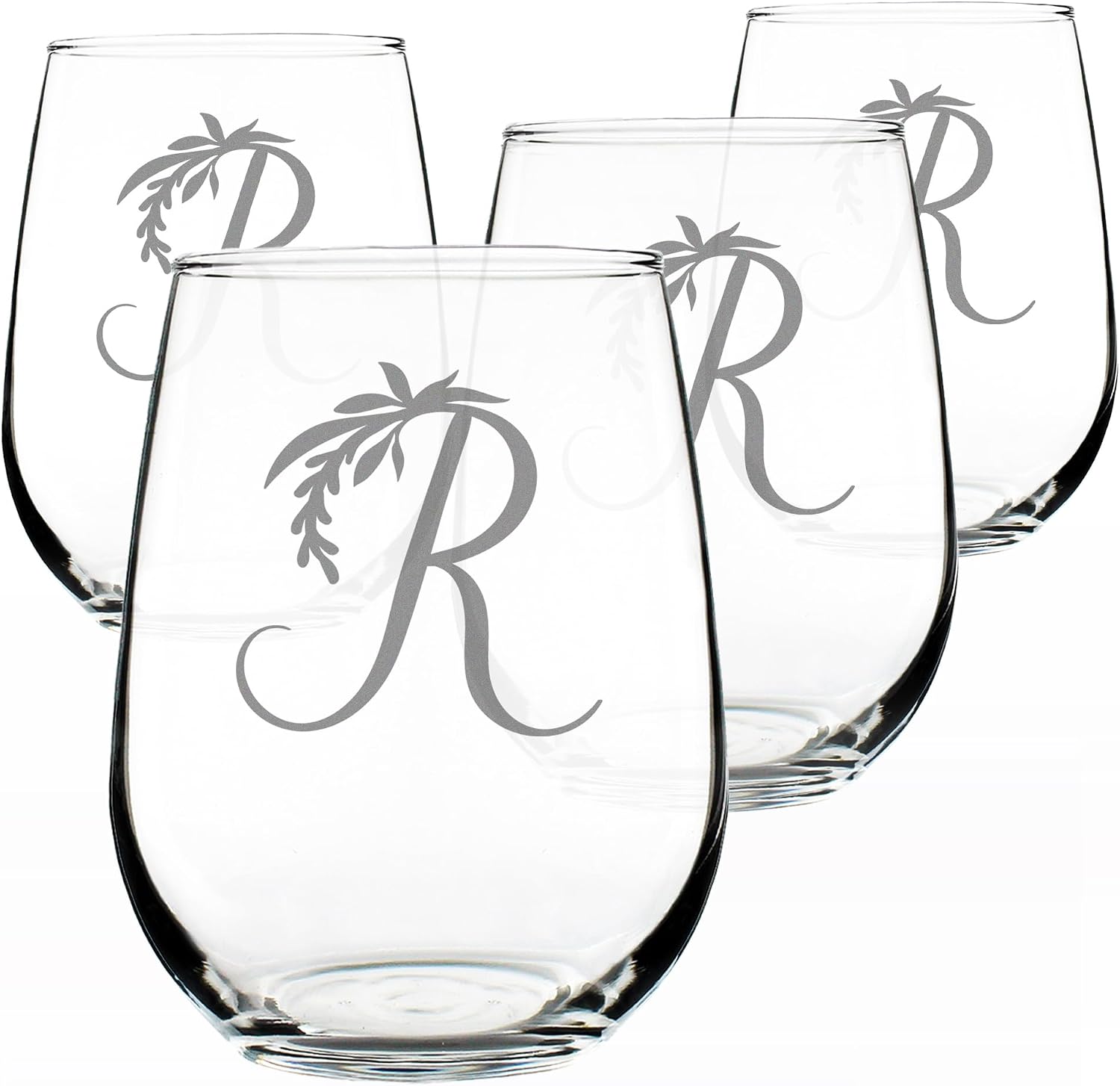 Bevvee Monogram Floral Letter R - Stemless Wine Glass - Personalized Gifts for Women and Men - Set of 2 - Large Engraved 17 Oz Glasses