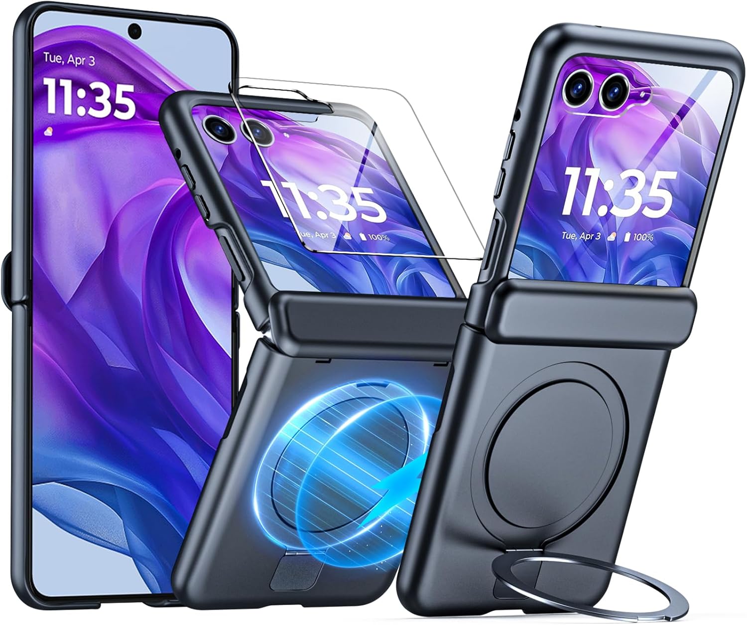 CENMASO for Motorola Razr+ Plus 2023 Case with Hinge Protection & Built-in Screen Protector & Magnetic Ring Stand, Full-Body Rugged Anti-Scratch Shockproof Case for Moto Razr + 2023-Black