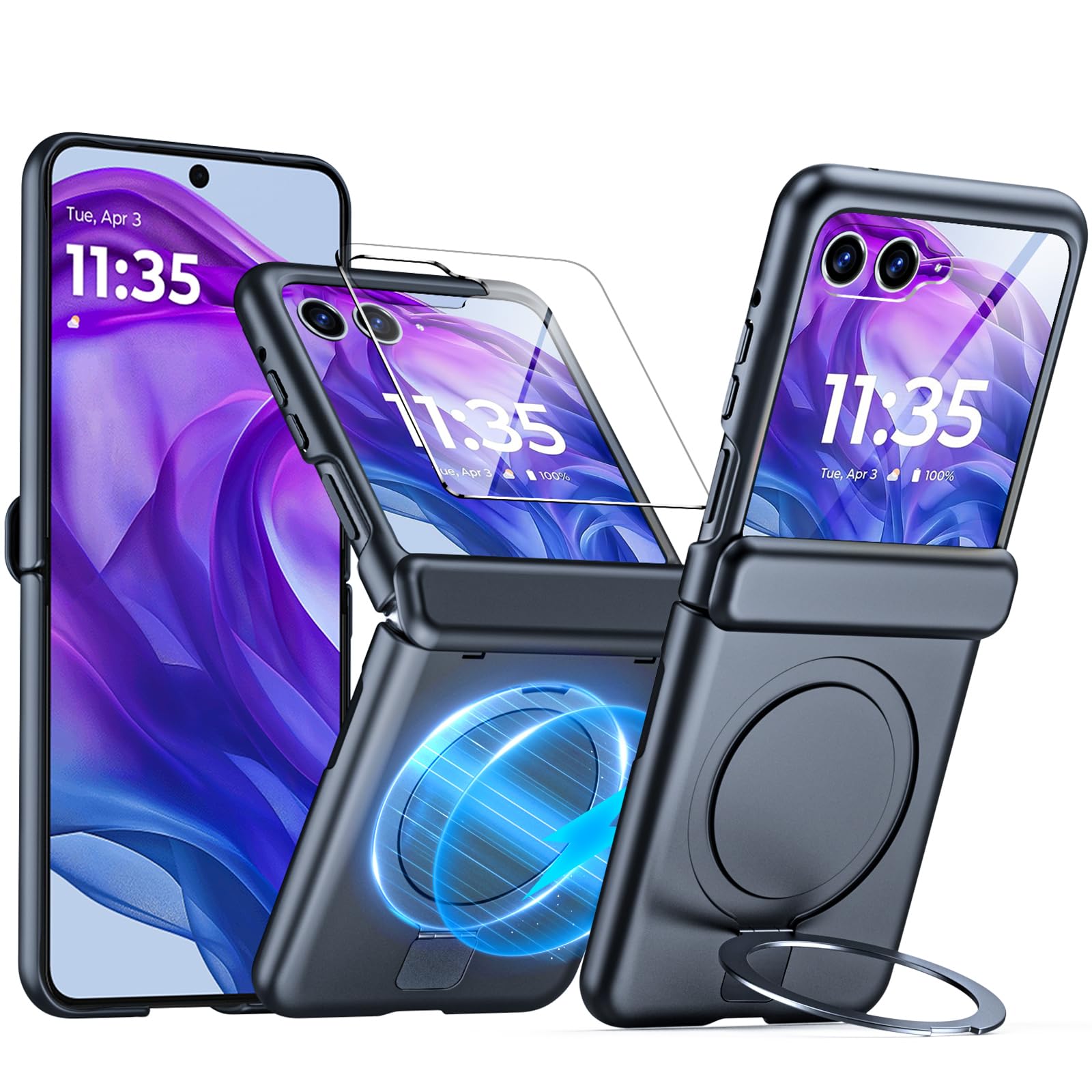 CENMASO for Motorola Razr+ Plus 2025 Case/Razr + Plus 2024 Case with Hinge Protection & Built-in Screen Protector & Magnetic Ring Stand, Slim Rugged Shockproof Phone Case for Razr + 2025/2024-BlackCarbonfree Certified