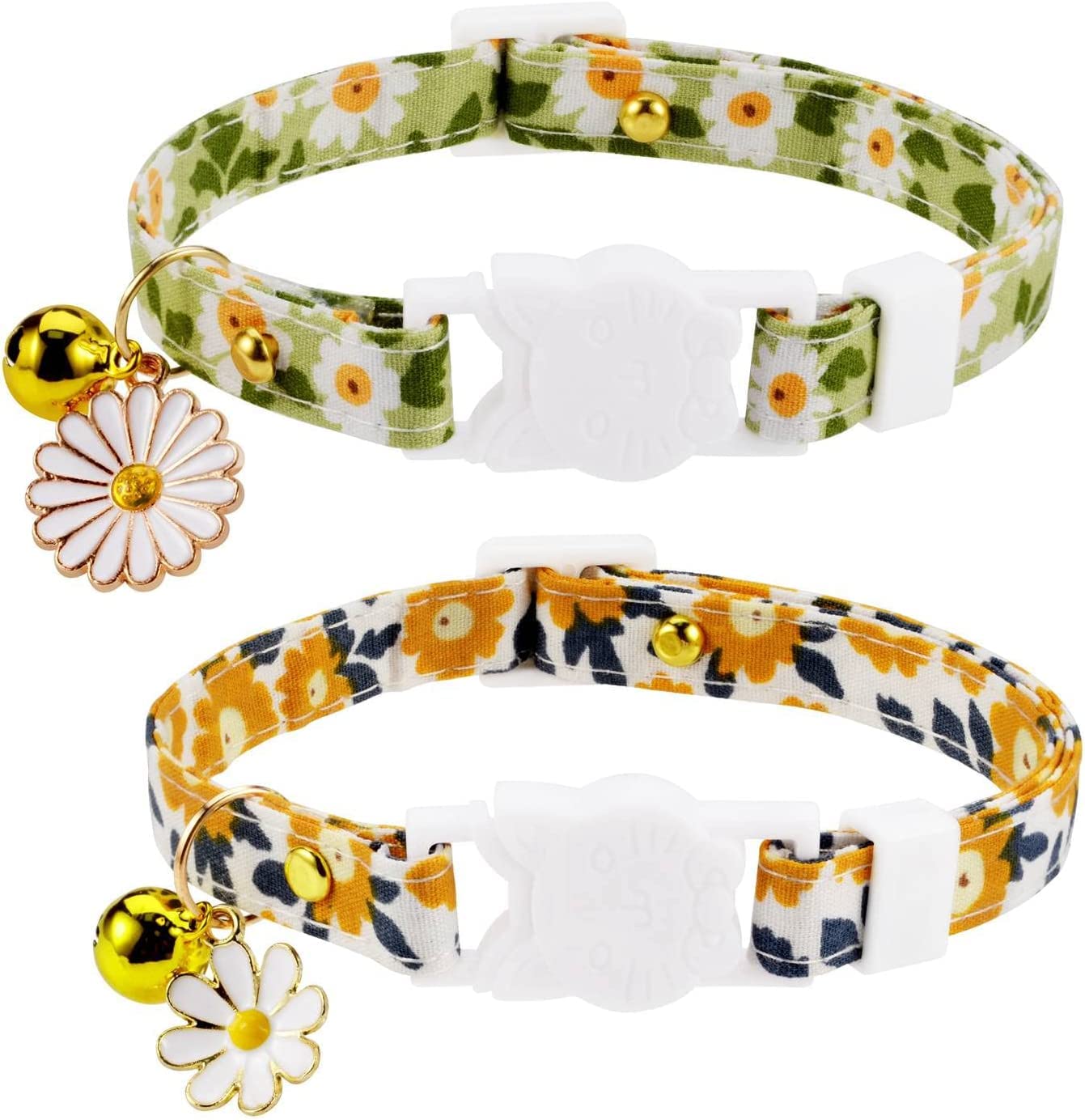 Leenwa 2 Pack Cotton Safe Breakaway Cat Collars with Bell Daisy Charm Green Orange Pink Blue Kitty Kitten Cute Cat Collars for Girl Cats Female Cats
