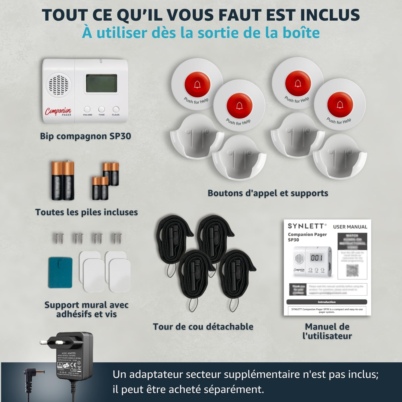 Bip aidant avec 4 Boutons d’Appel sans Fil système d’Alerte SOS Portable Alarme lit prévention des Chutes pour Personnes âgées Seniors Patients Soins à Domicile Appel infirmière