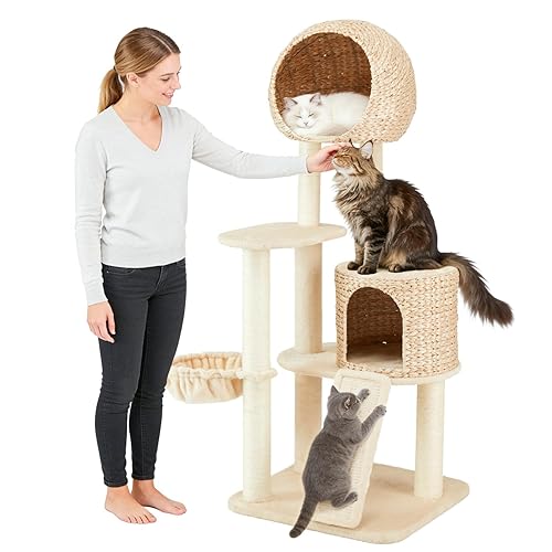 Rattan Cat Tree,60.2'' Tall Modern Cat Tree Tower with Scratching