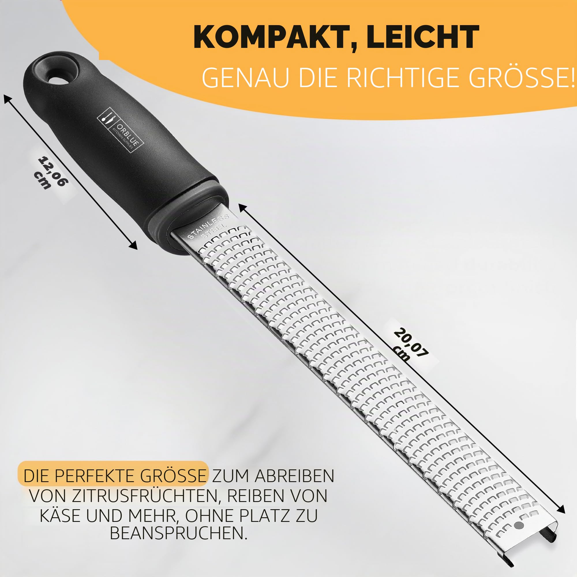 ORBLUE Käsereibe Zitronenreibe Zester Reibe Fein Parmesanreibe Handreibe Rasiermesserscharfe Premium Edelstahl Reibeoberfläche- für Hartkäse - Ingwerreibe