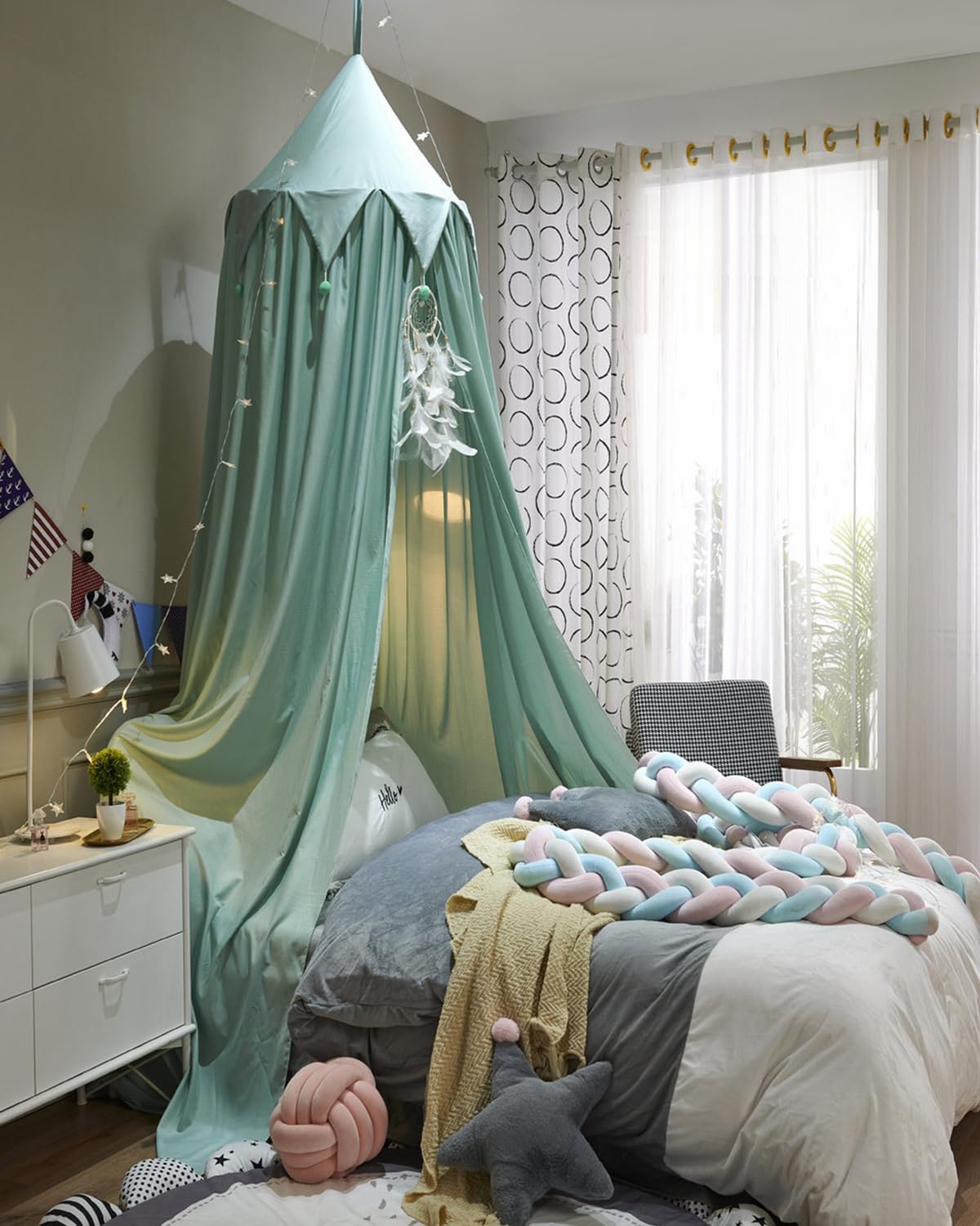 Surwin Ciel de Lit pour Bébé Enfants, Moustiquaire Rideau Baldaquin Dôme Romantique Princesse Tente de Lit avec Ballon, Décoration Chambre à Coucher Dressing Lecture Maison de Jeux (Lac Vert)