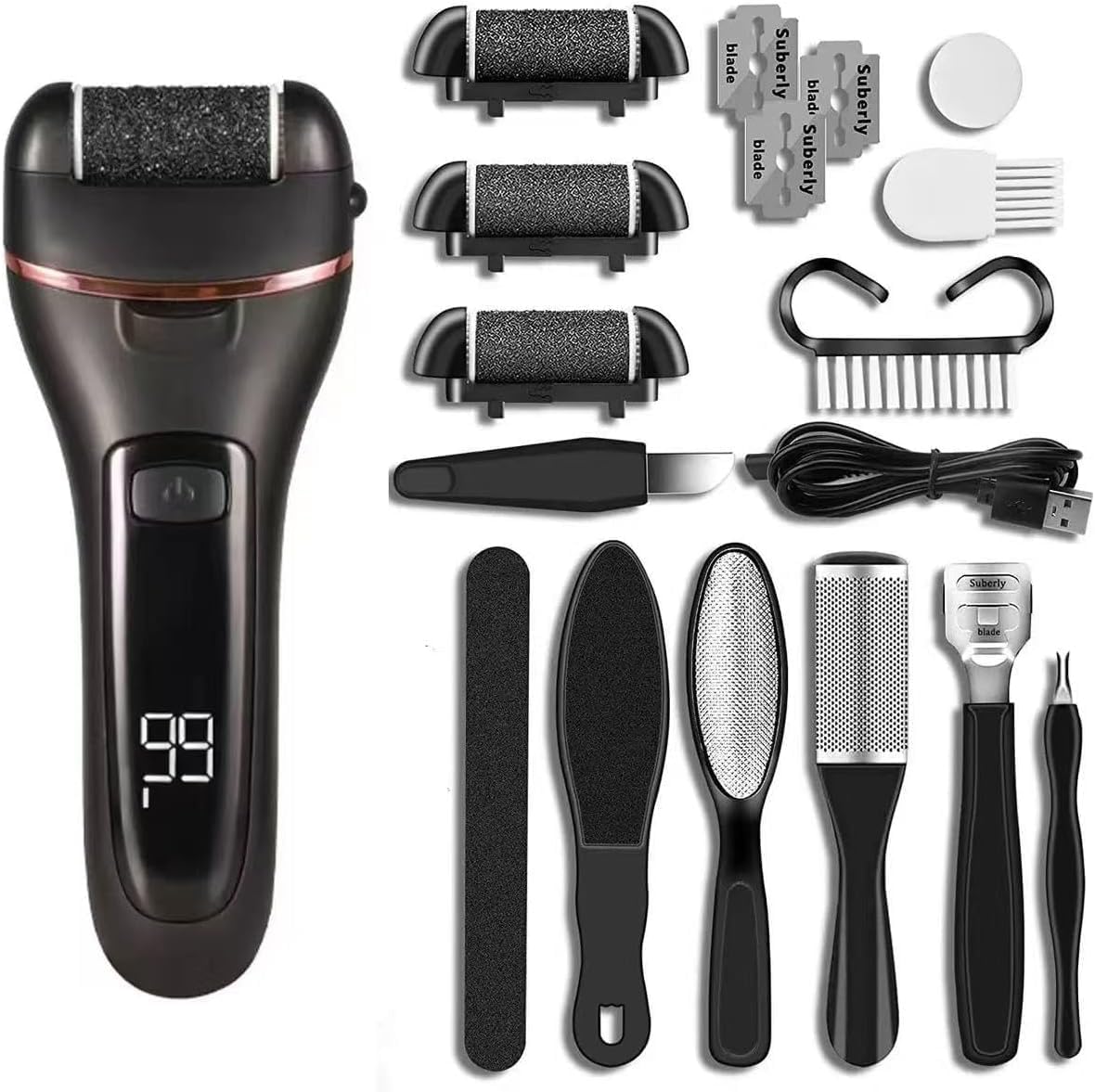 Foot Callus Remover 13 in 1 Professional Pedicure Tool Foot Care Kit Foot Scrubber Electric Foot File Pedy for Hard Cracked Dry Dead Skin 3 Rollers 2 Speed Battery Display