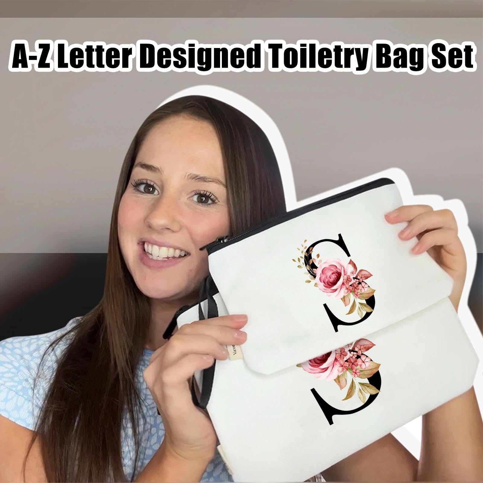 Vavabox 2 Pcs Initial Toiletry Bags Set,Birthday Gifts for Women,Travel Portable Makeup Bag with Handle (S, White) — view 2