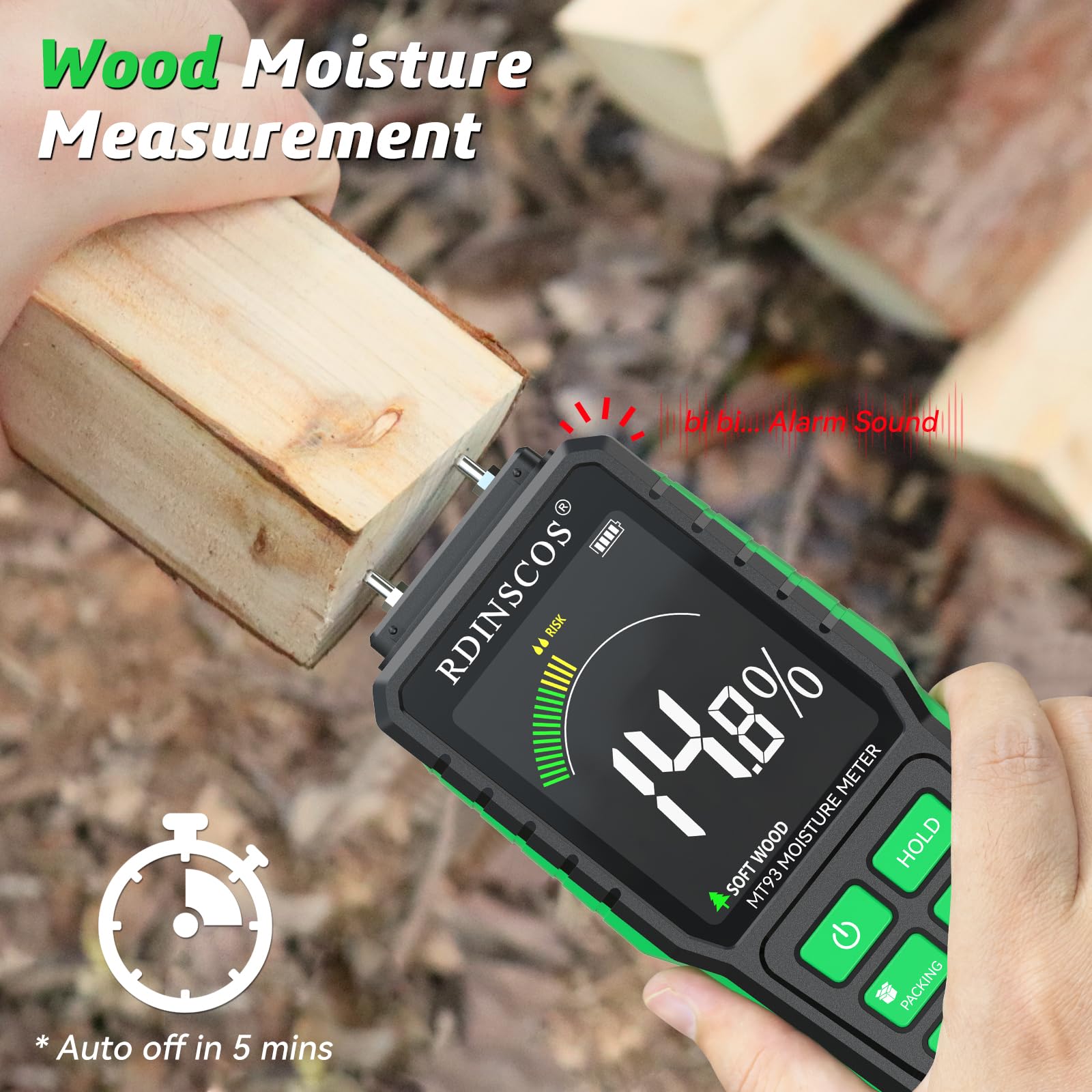 Wood Moisture Meter, Pin-Type Damp Meter for Logs Rechargeable Moisture Detector with Big LCD Screen - Image 3