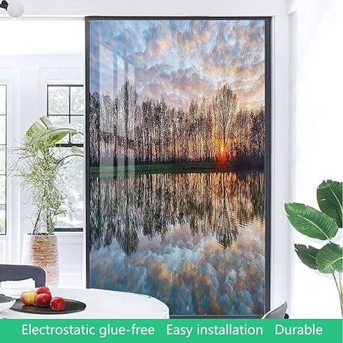 Miniatura 4 de Película de privacidad multiadhesiva para ventana, lago y puesta de sol con espejo de cristal de agua y bosque, bloqueo de luz solar, para el hogar,