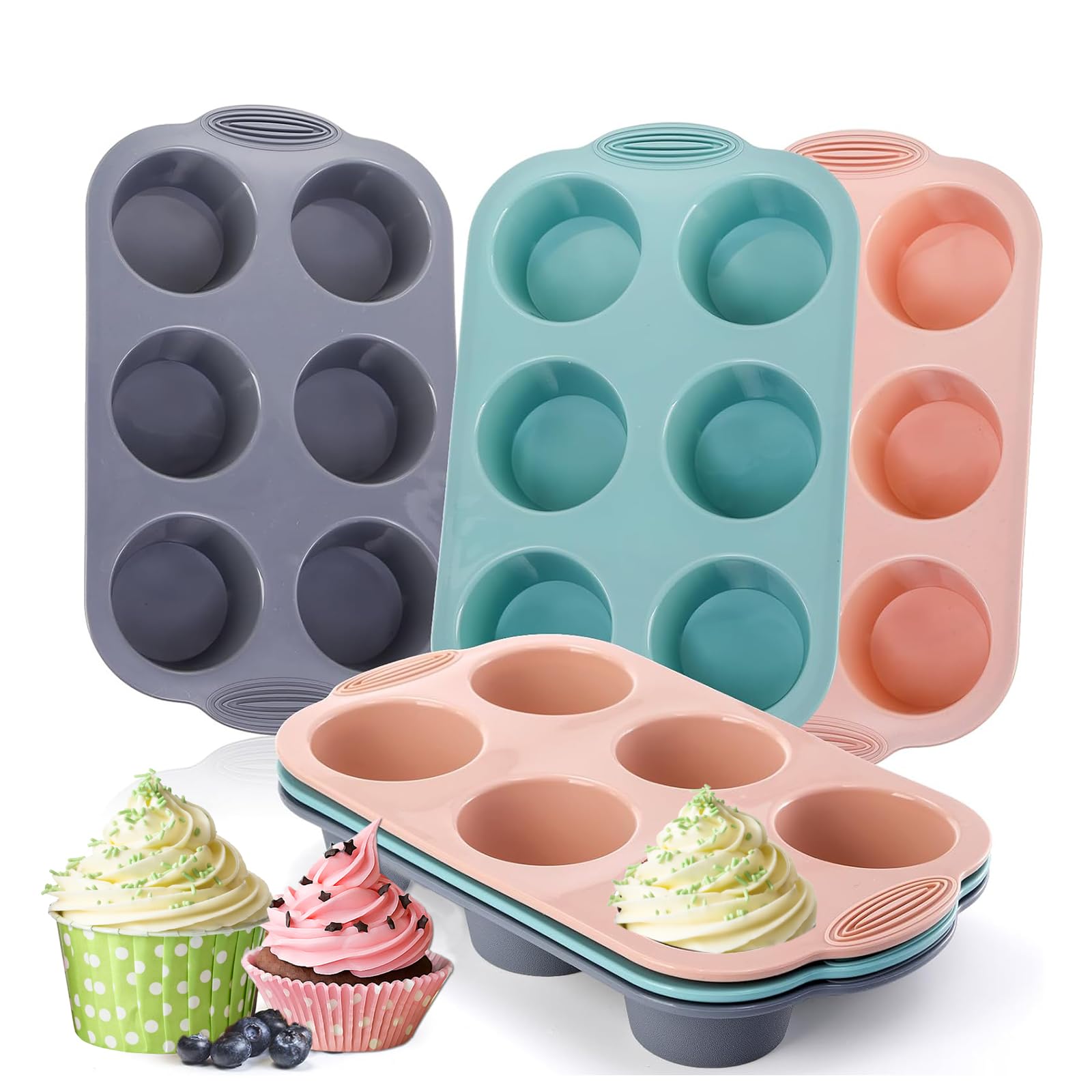 SPNOR Silicone Muffin Pan, 6 Cavity Nonstick Baking Tray for Muffins, Cupcakes, Brownies and More, Food Grade Pack of 3 Colors