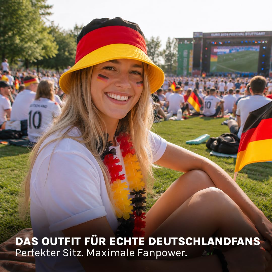 Deutschland Fischerhut Schwarz Rot Gold + Deutschland Blumenkette, Fußball Fan Hut für WM 2026 Weltmeisterschaft, Bucket Hat Herren Damen, Fanartikel, Public Viewing Sonnenhut, Anglerhut DE