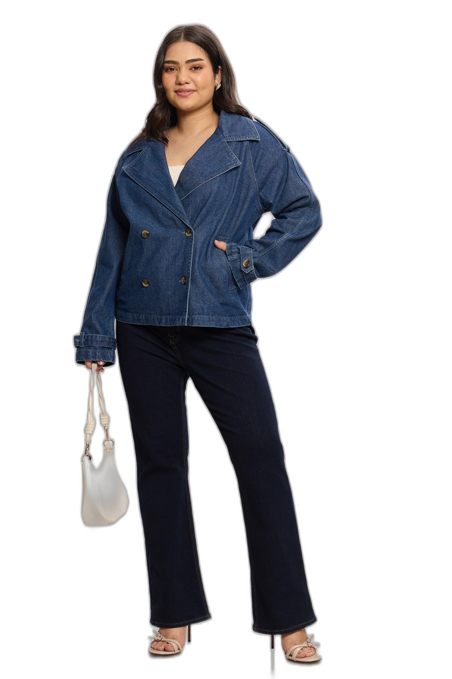 beyond the curve - virgio VIRGIO Women’s Denim Trench Coat – Beyond the Curve Midi Length Relaxed Fit Jacket, Airport Look Outerwear, Double-Breasted Button Closure, Back Flap Vent, Functional Pockets, Stylish Travel-picture-13