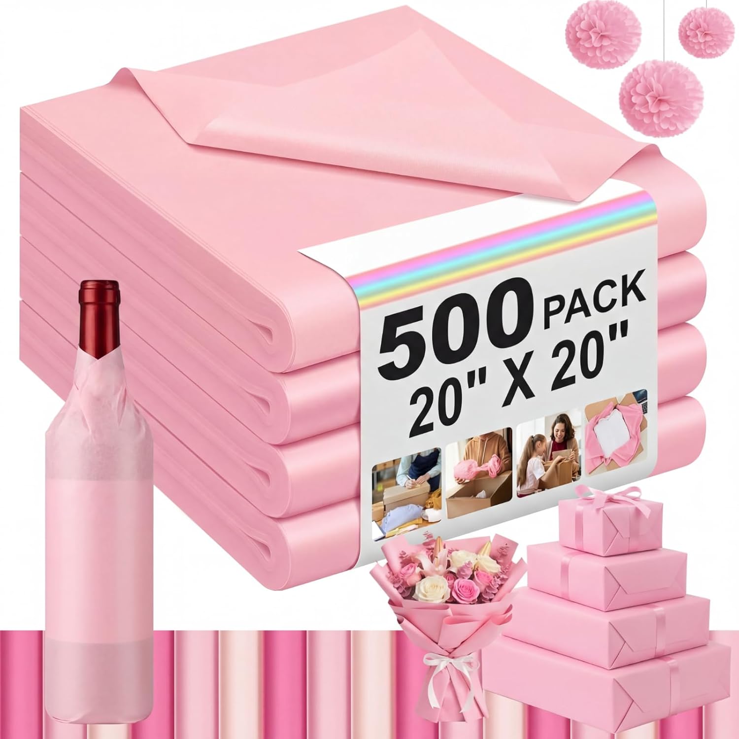 Qilery 500 Sheets Blush Pink Tissue Paper Bulk for Gift Bags 20 x 20 Inch Acid Free Wrapping Paper Sheets for Wedding Decor Bridal Shower Flower Packaging Wrapping Mother's Day Decoration DIY Crafts