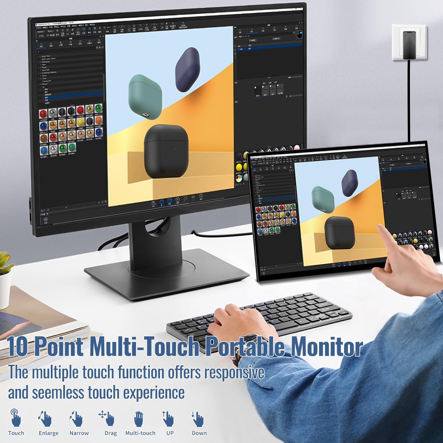Monitor Touchscreen Portatile 18,5 pollici, HDR, 1080P con USB C Mini HDMI | VESA e Supporto Regolabile a 180°, Monitor Mobile per PC/Mac/Laptop/PS4/PS5/Xbox