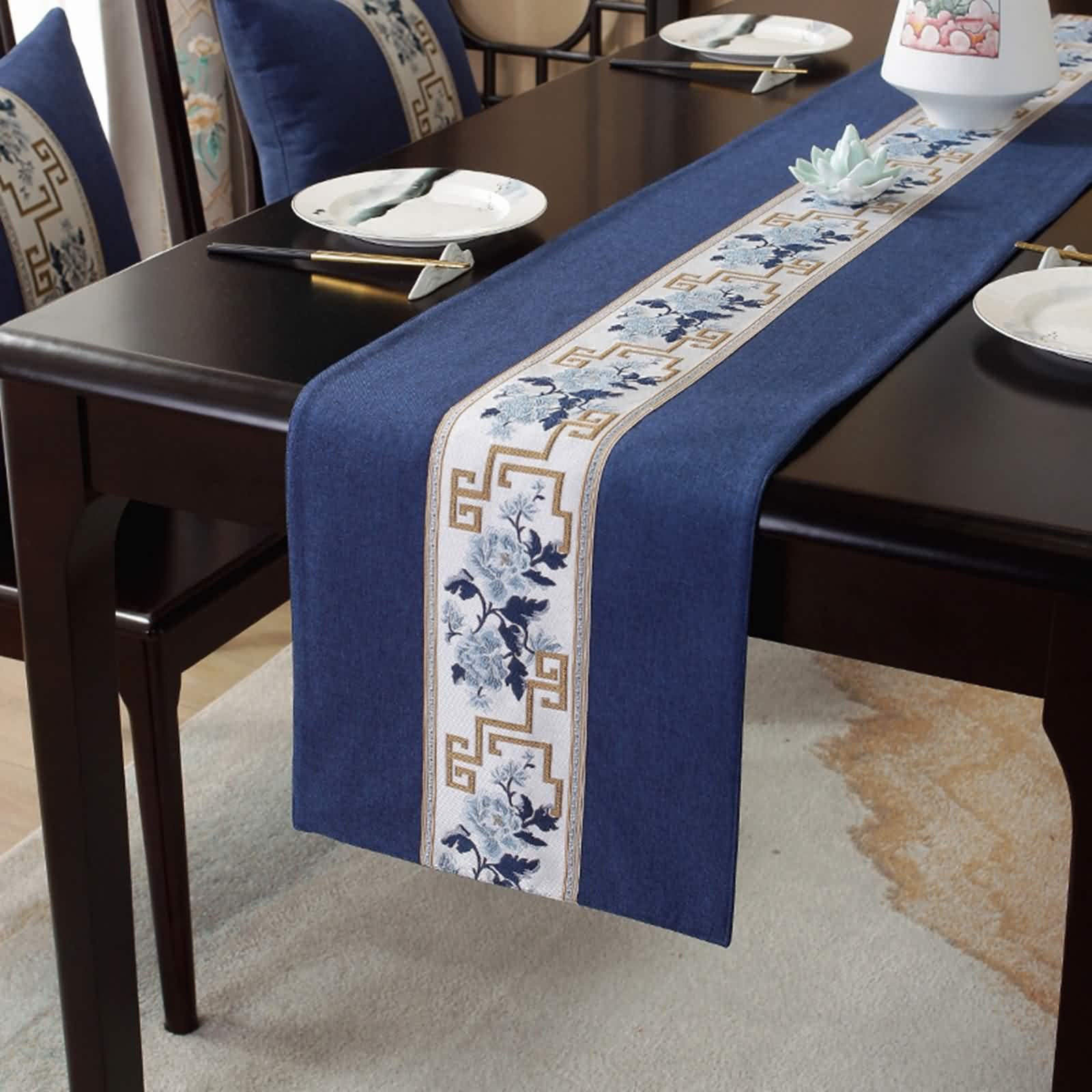 Chemin Table Fleurie, Chemin de Table Automne Coton Bleu 33x240CM Broderie Classique Deco Intérieure et Extérieure