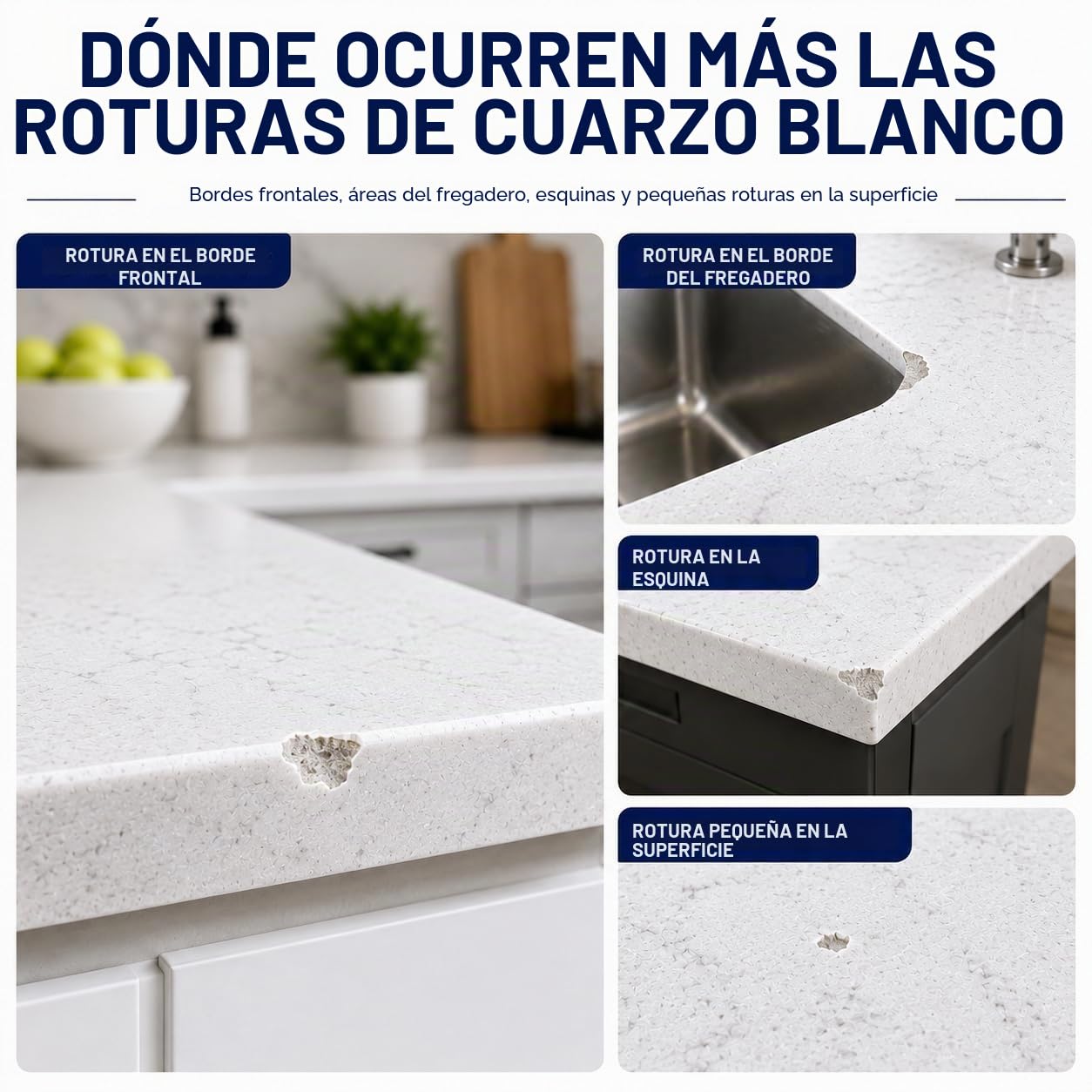 cocomfix Kit de reparación de cuarzo para encimera (blanco), kit de reparación de virutas de cuarzo de secado rápido para astillas, grietas, arañazos y agujeros en cuarzo, mármol, granito, porcelana y