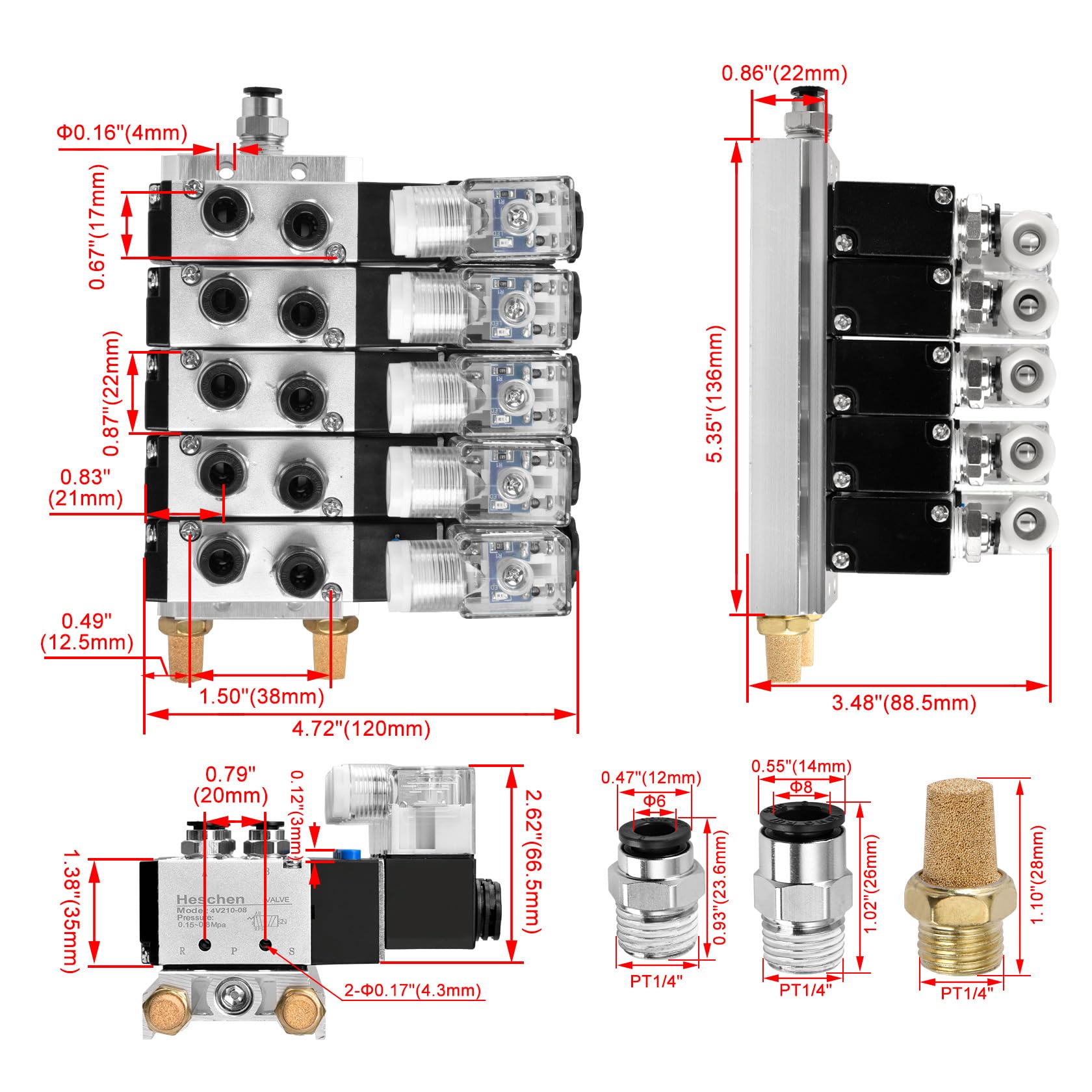Heschen Válvula solenoide neumática eléctrica 5, 4V210-08, AC220V, PT1/4'', posición 5 vías 2, conjunto de accesorios rápidos del silenciador base del colector