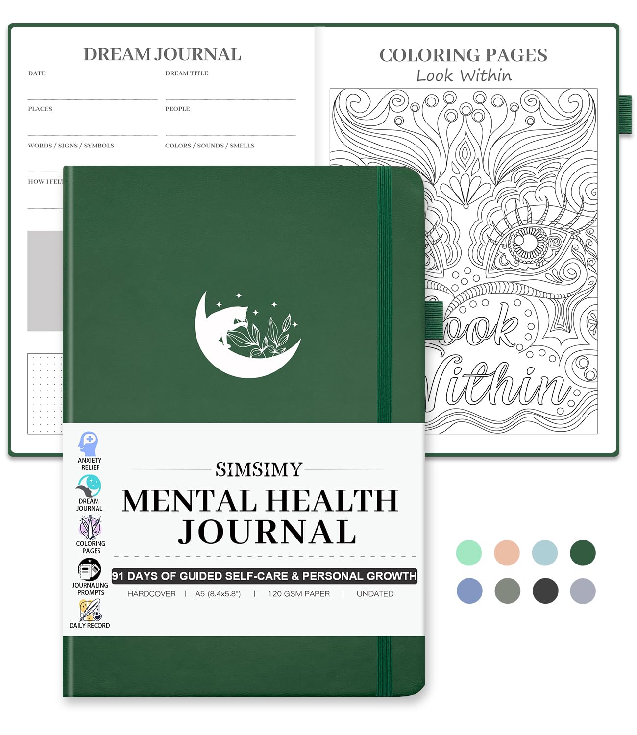 SIMSIMY Mental Health Journal, 91-Day Self Care Journal for Women Men, Guided Anxiety & Stress Relief Journal with Mood Tracker, Cognitive Behavioral