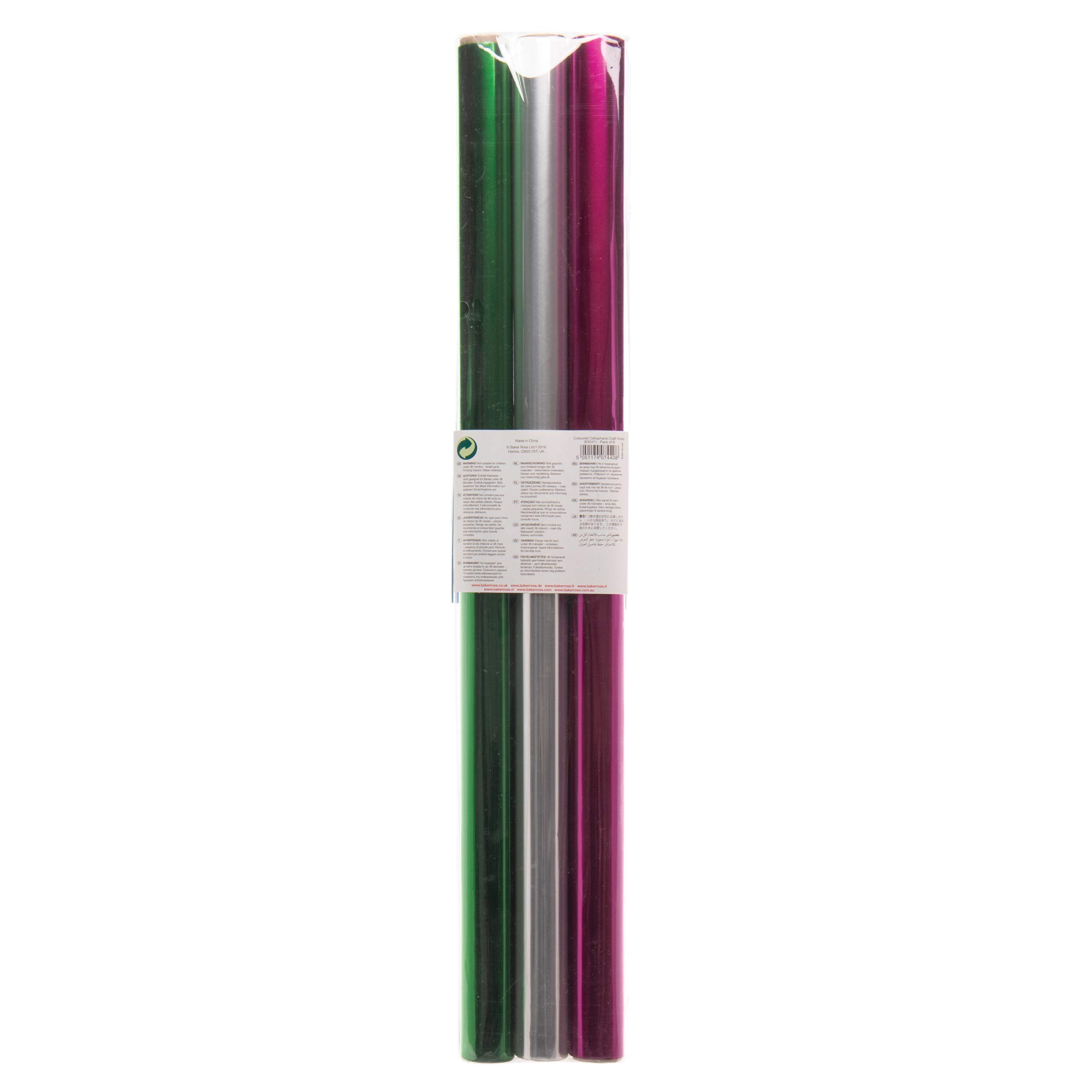 Baker Ross Cellofan Colorato (Pacco da 6 rotoli) Ideali per le Decorazioni per Bambini