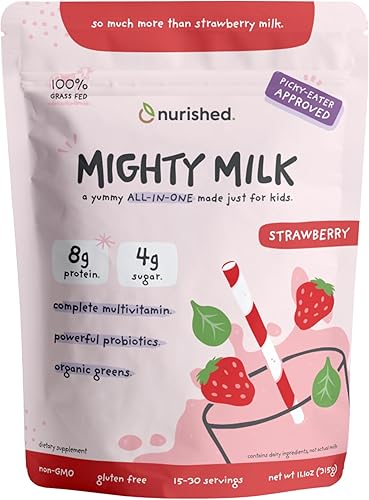 Mighty Strawberry Milk - Proteína diaria todo en uno para niños en polvo y multivitamínico potenciado con 2 mil millones de probióticos y espinacas