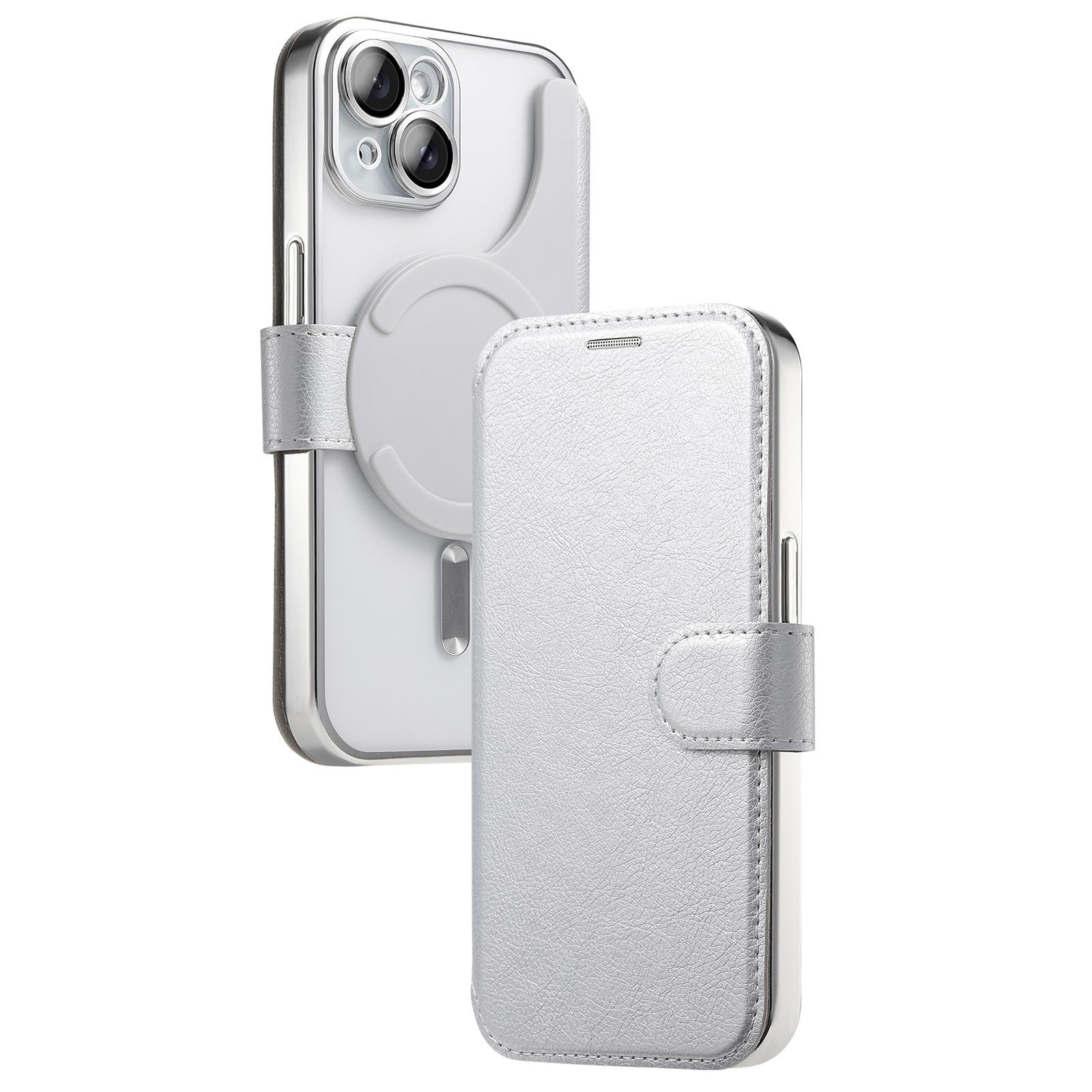 Coque iPhone 16 Plus détachable à rabat magnétique et étui mince en cristal argenté