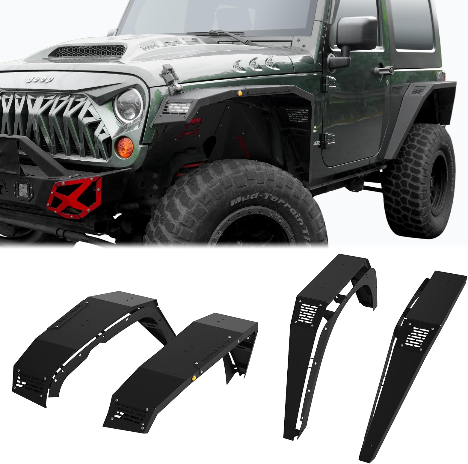 Front and Rear Fender Flares w/LED Compatible with 2007-2018 Jeep Wrangler JK 2Doors,Turn Signal Lights Solid Steel Mud Fenders,Heavy-Duty Off-Road Wheel Fenders,4PCS Black