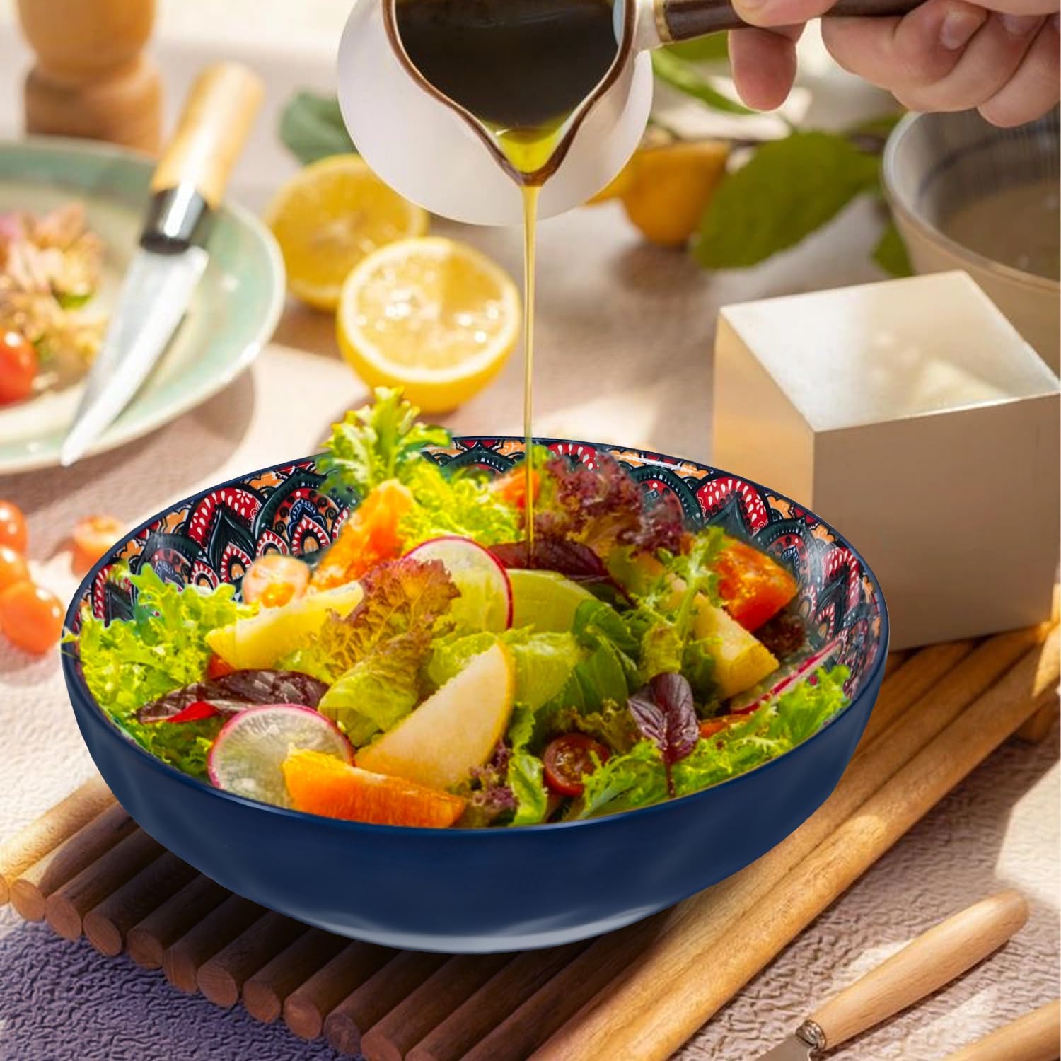 Large Serving Bowls, 10 inch Porcelain Bowls, 75 Oz Fruit Salad Soups & Pasta Bowls for Entertaining, Dinner, Party - Stylish Decorative Dishes, Set of 2, Microwave & Dishwasher Safe - GREEN - Image 3