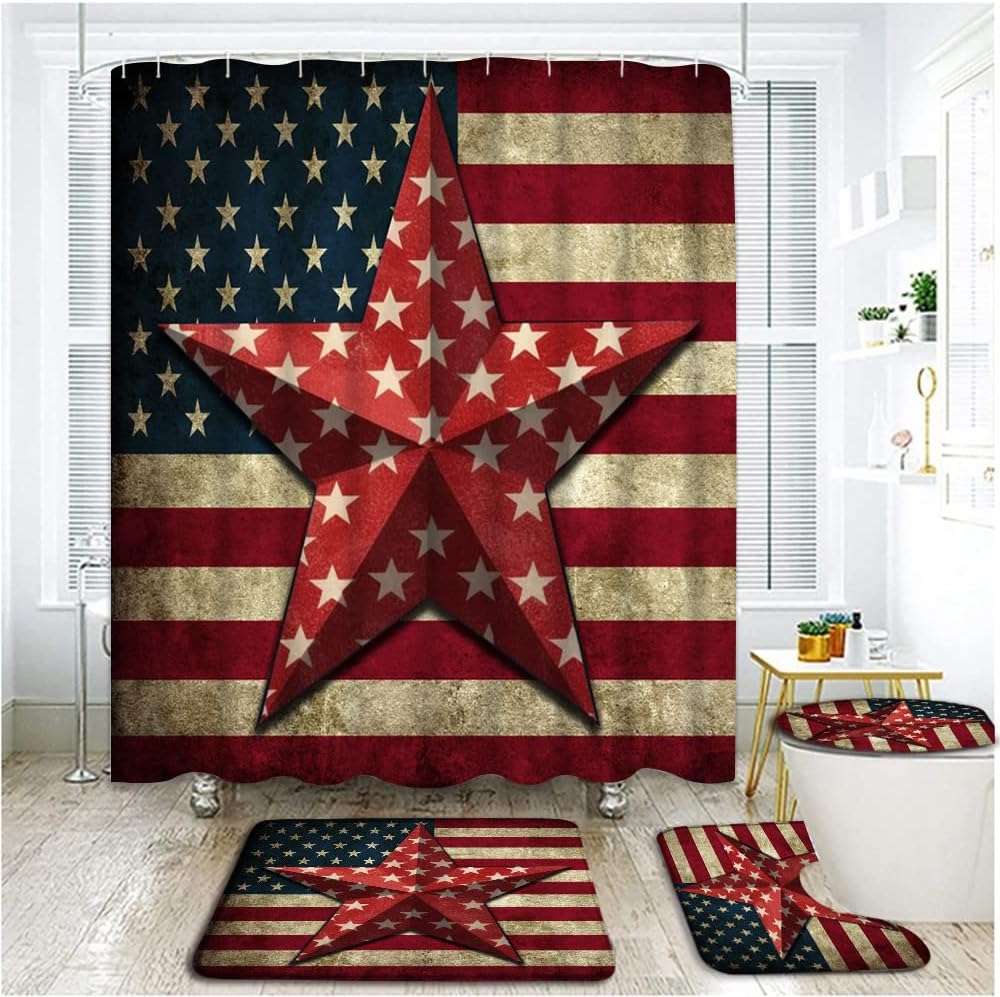4 Piece Texas Star American Flag Shower Curtain Sets with Rugs, Toilet Lid Cover,Cover and Bath Mat,Vintage Red Blue Independence Day Celebration Patriotic Western Bathroom Shower Curtain with Hook