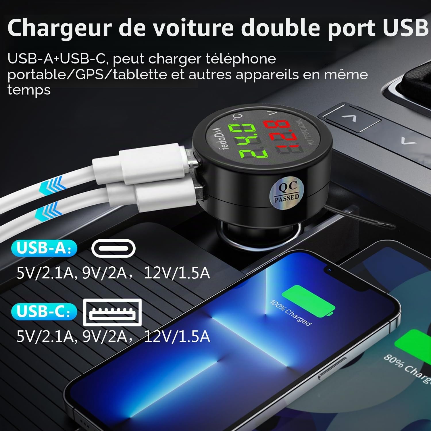 3 en 1 Voltmètre 12V Voiture, Voltmètre Allume Cigarette avec Affichage Température/Tension Numérique