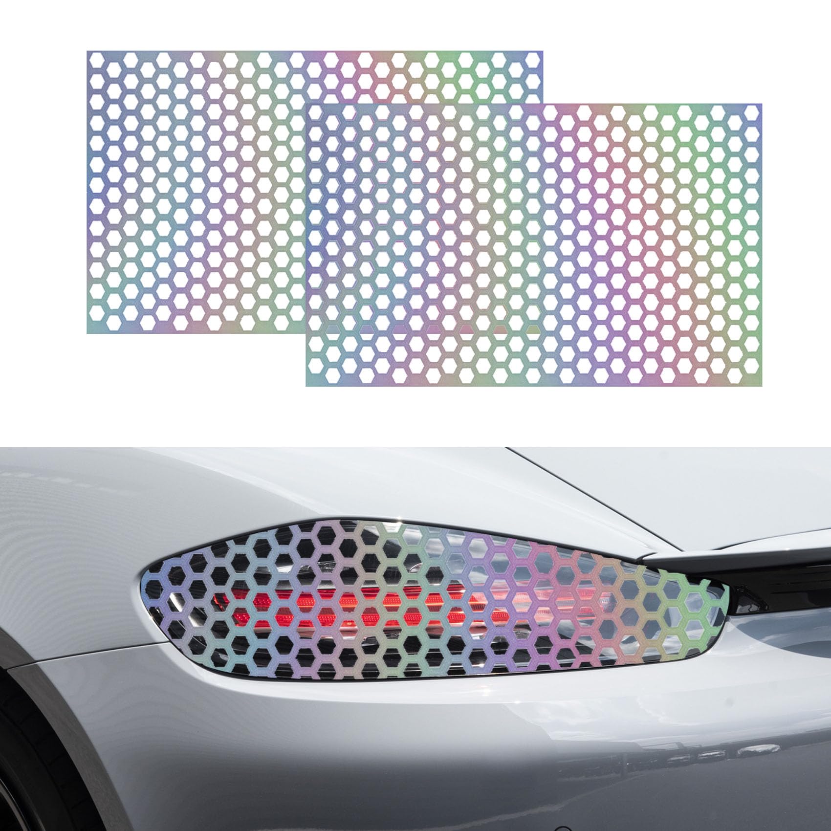 2PCS Car Rear Tail Light Lamp Stickers Honeycomb Type Decal, 18.9"×11.8" Car DIY Self Adhesive Tint Film Sheet Universal for Car Rear Tail Light Headlamp Taillight Cover Trim (Colored)