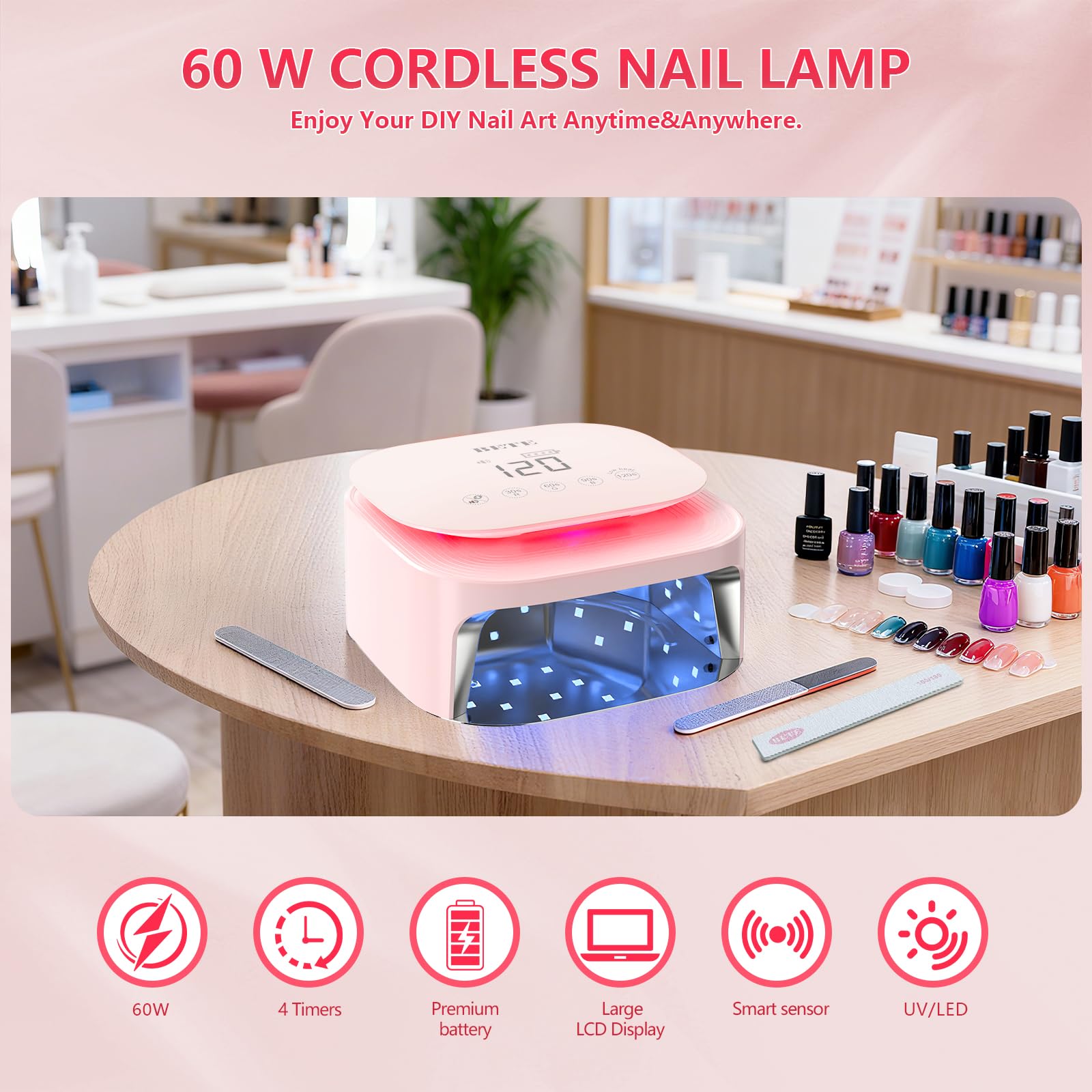 Lampade UV LED wireless BETE 60W - Asciugatore per smalto gel ricaricabile con sensore automatico, 30 perle e 4 regolazioni del timer portatile per uso domestico/salon Rosa