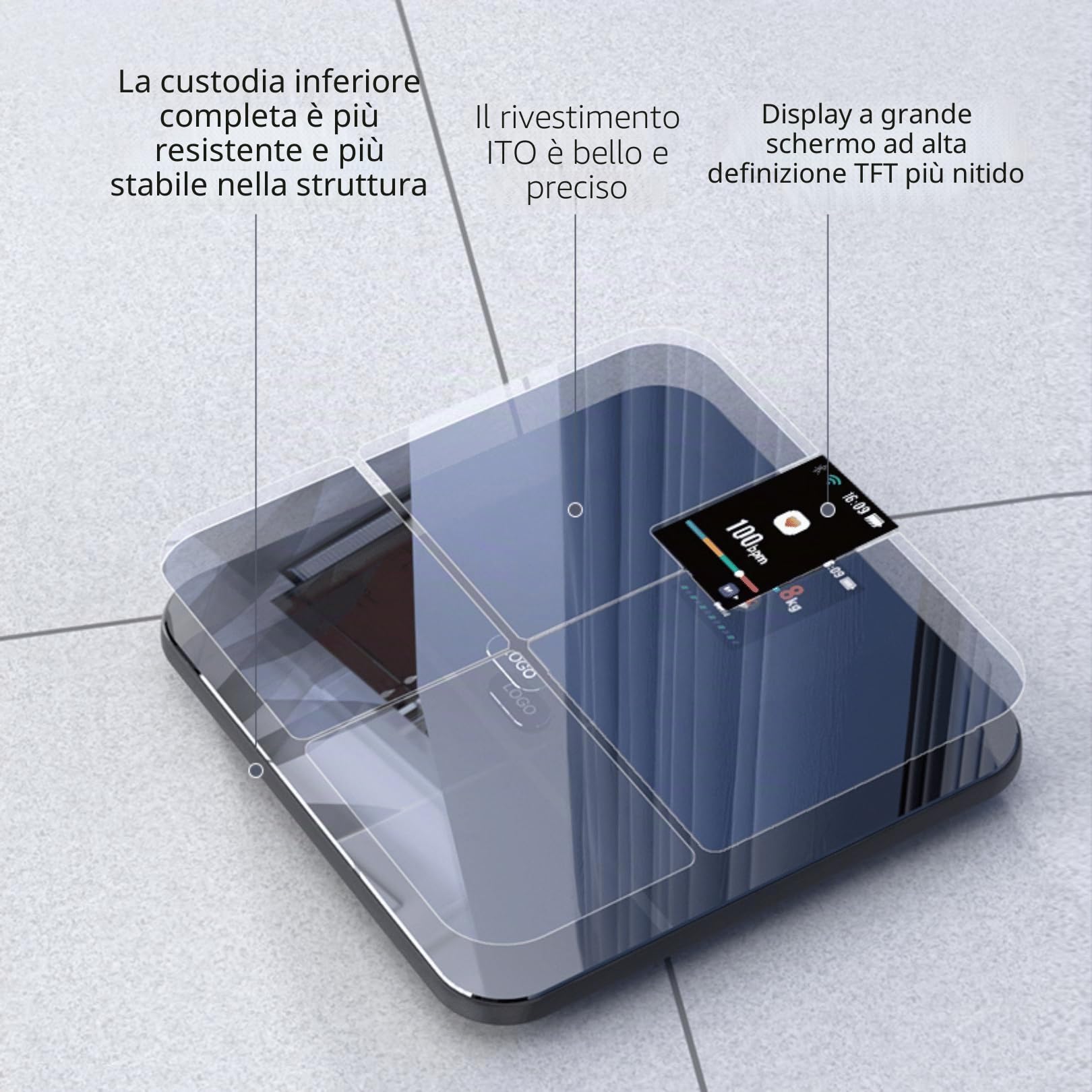 Bilancia Pesapersone Digitale Smart Professionale 180kg - Impedenziometrica con WiFi & Bluetooth, 16 Parametri BIA, Alta Precisione 0,1kg, 4 Elettrodi e Display a Colori TFT