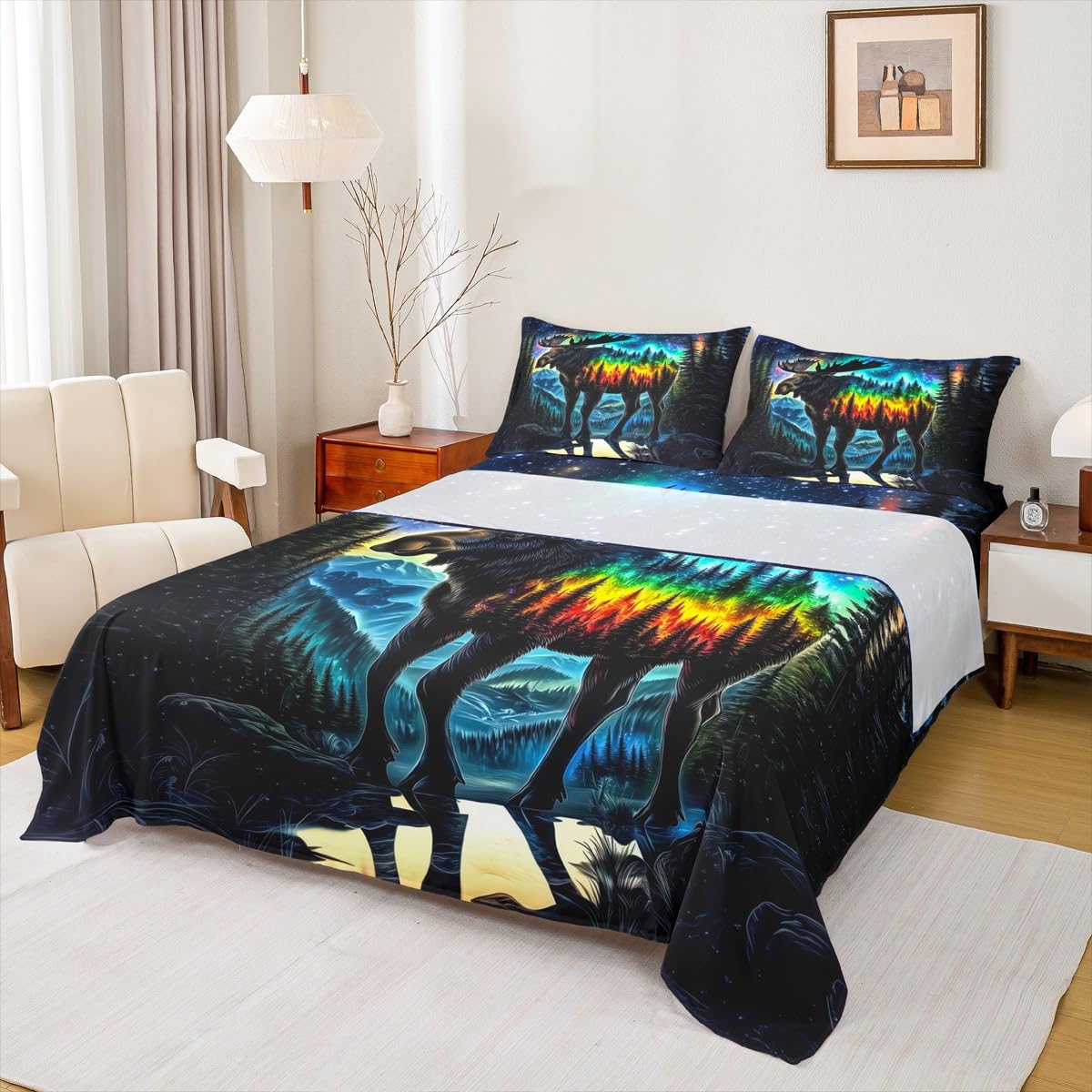 jejeloiu Deer Bedding Set for Kids Boys Girls Ombre Fitted Sheet Full Size Wild Animal Bed Sheets Set Nature Bedroom Decor Breathable Soft Lightweight 4Pcs