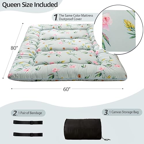 Miniatura 28 de MAXYOYO El mármol negro imprimió el futón japonés, la almohadilla de dormir espesa enrolla el colchón que acampa Mármol negro,Flor 1,floral azul