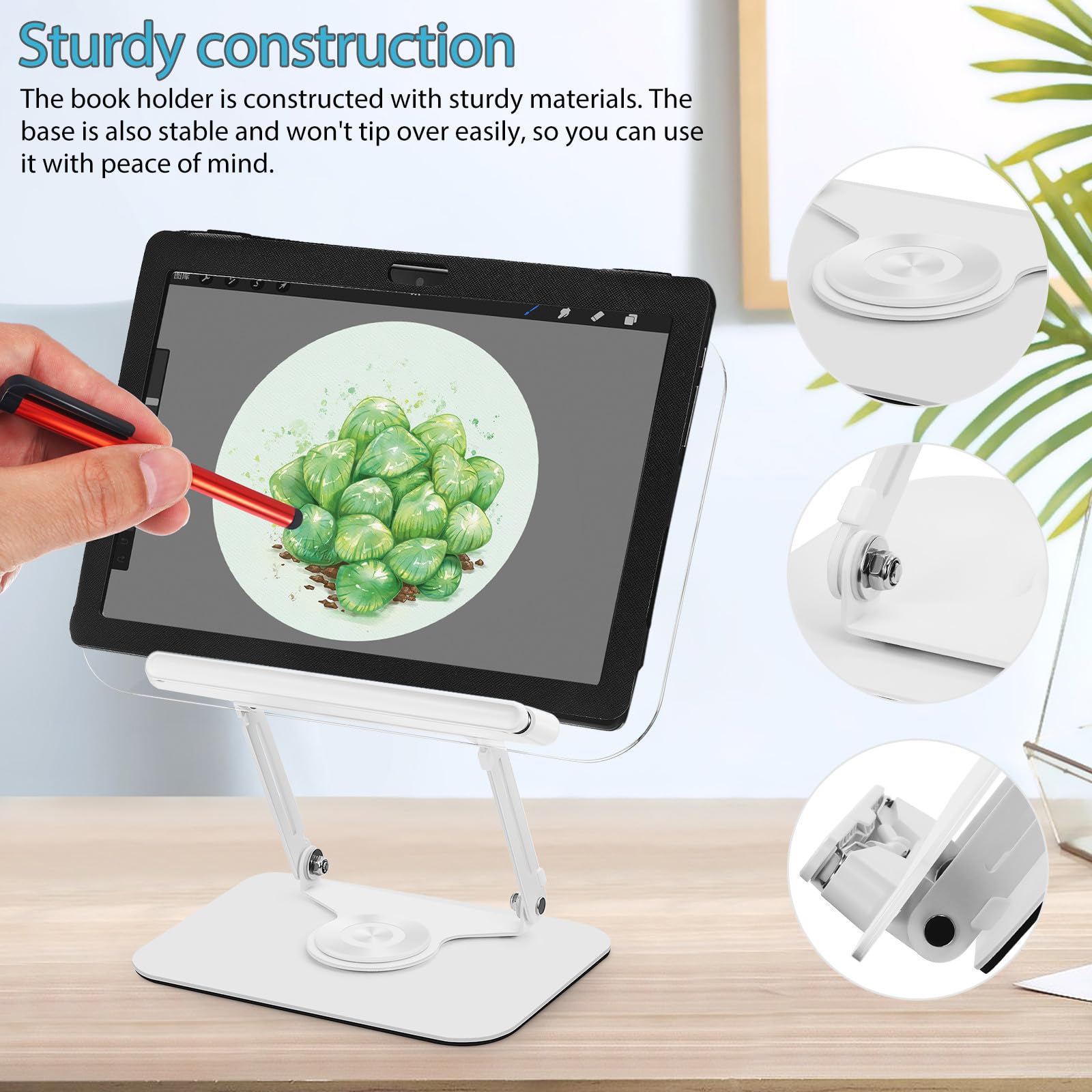 Lurrose Leggio Regolabile per Libri e Laptop con Base Girevole 360°, Supporto da Scrivania in Acrilico e Metallo 36,8x34 Cm con Fermalibri per Lettura a Mani Libere e Uso Multifunzionale