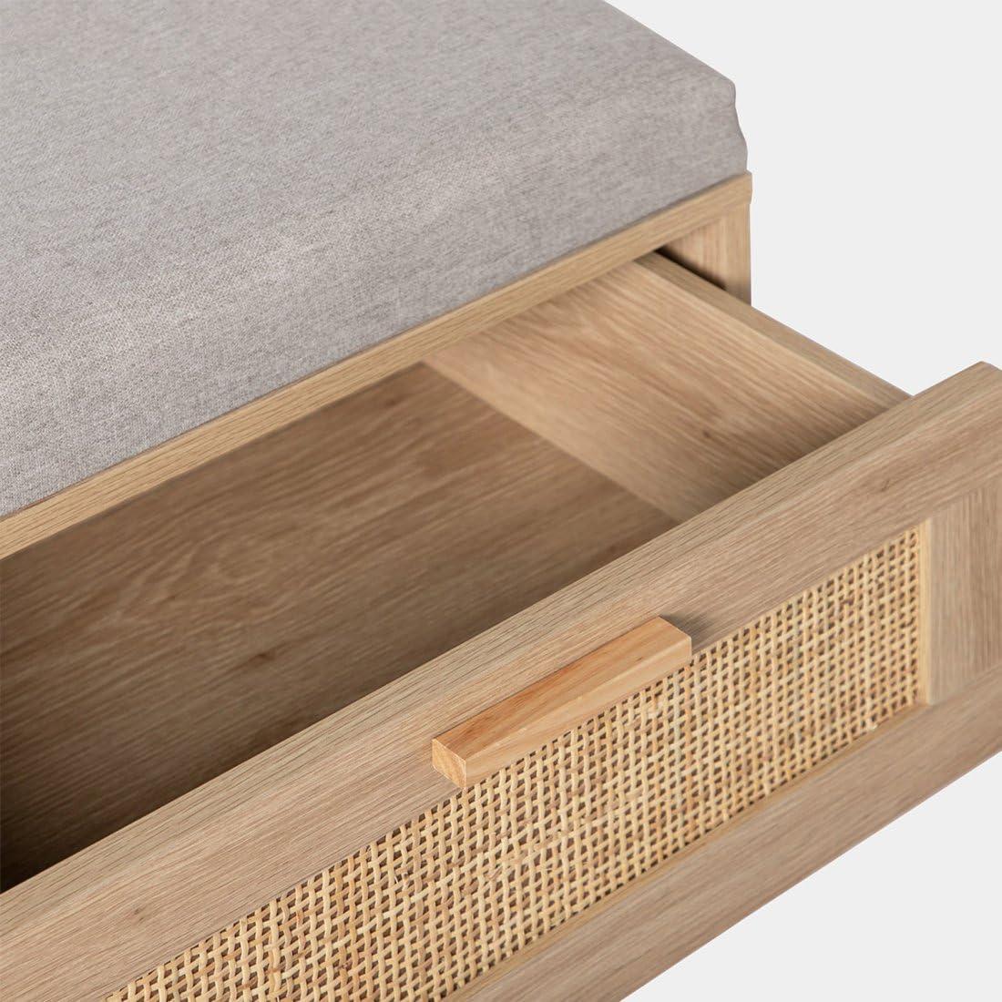KLAST Banc en Bois et Rotin Naturel avec Coussin Tahiti Comprend Deux Tiroirs et Apporte Une Touche Naturelle et Confort à Tout Espace