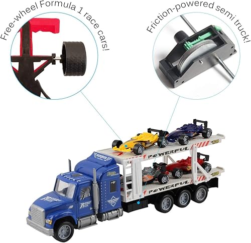 Miniatura 2 de Vokodo Remolque de camión de juguete alimentado por fricción de 14.5 pulgadas con cuatro autos de carreras de Fórmula 1, para niños, empujan y van a