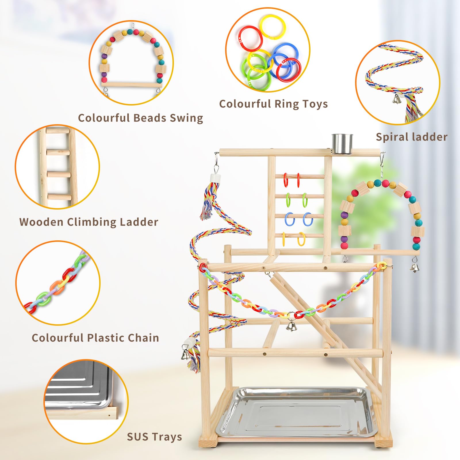 Bird Playground, Parrots Playstand for Small to Medium Birds, Perch Stand with 3 Ladders Playgym with Rope Perch, Swings Feeder Cups Bird Cage Accessories for Conure Cockatiel Lovebirds - image 2