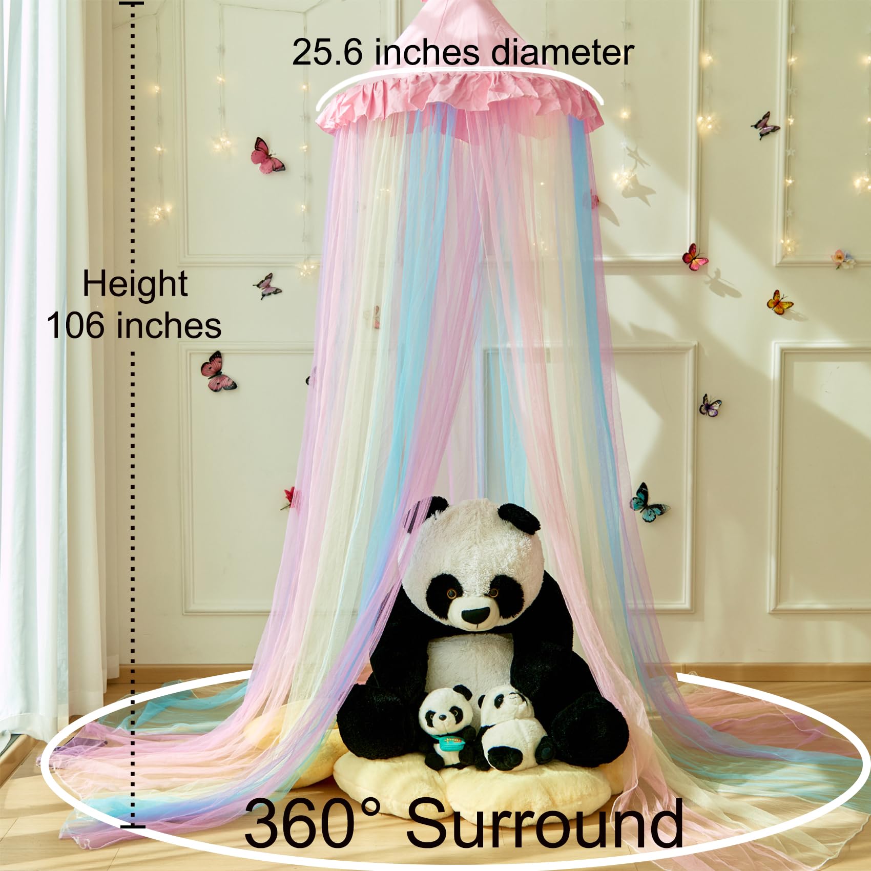 Wnqou Rainbow Bed Canopy for Girls,X-Large Princess Canopy Hanging Netting Bedroom Decor for Girls Mosquito Net for Baby Crib Twin to King Size Bed (Pink Rainbow) - Image 2
