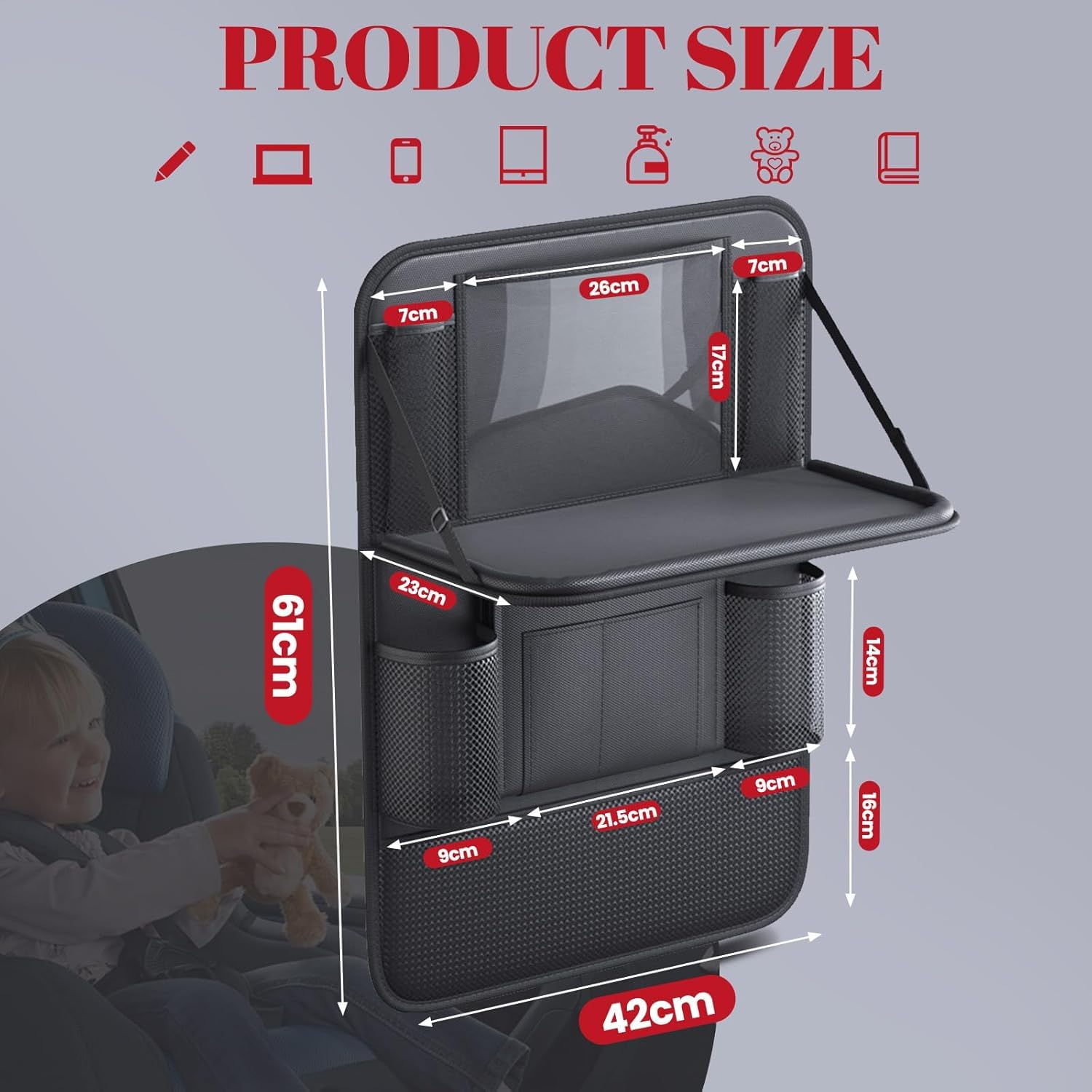 Generisch Auto Rücksitz Organizer Kinder mit Klapptisch, Autositz Organizer Rückenlehnenschutz Wasserdicht, Sitzschutz Auto Rücksitz, Tablet Halter Aufbewahrungstasche mit 9 Fächern, 42×61 cm