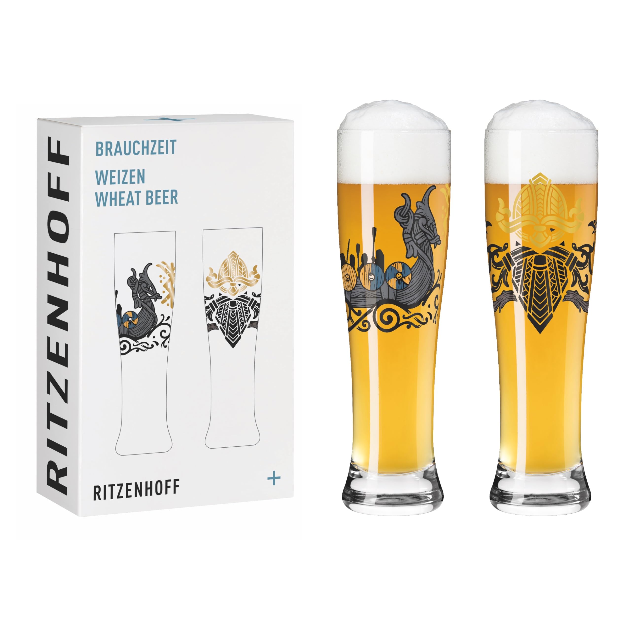 RITZENHOFF 3481010 Wheat Beer Glass, 500 ml, Set of 2, Brauchzeit Series, Runes Motif, Gold and Black, Made in Germany