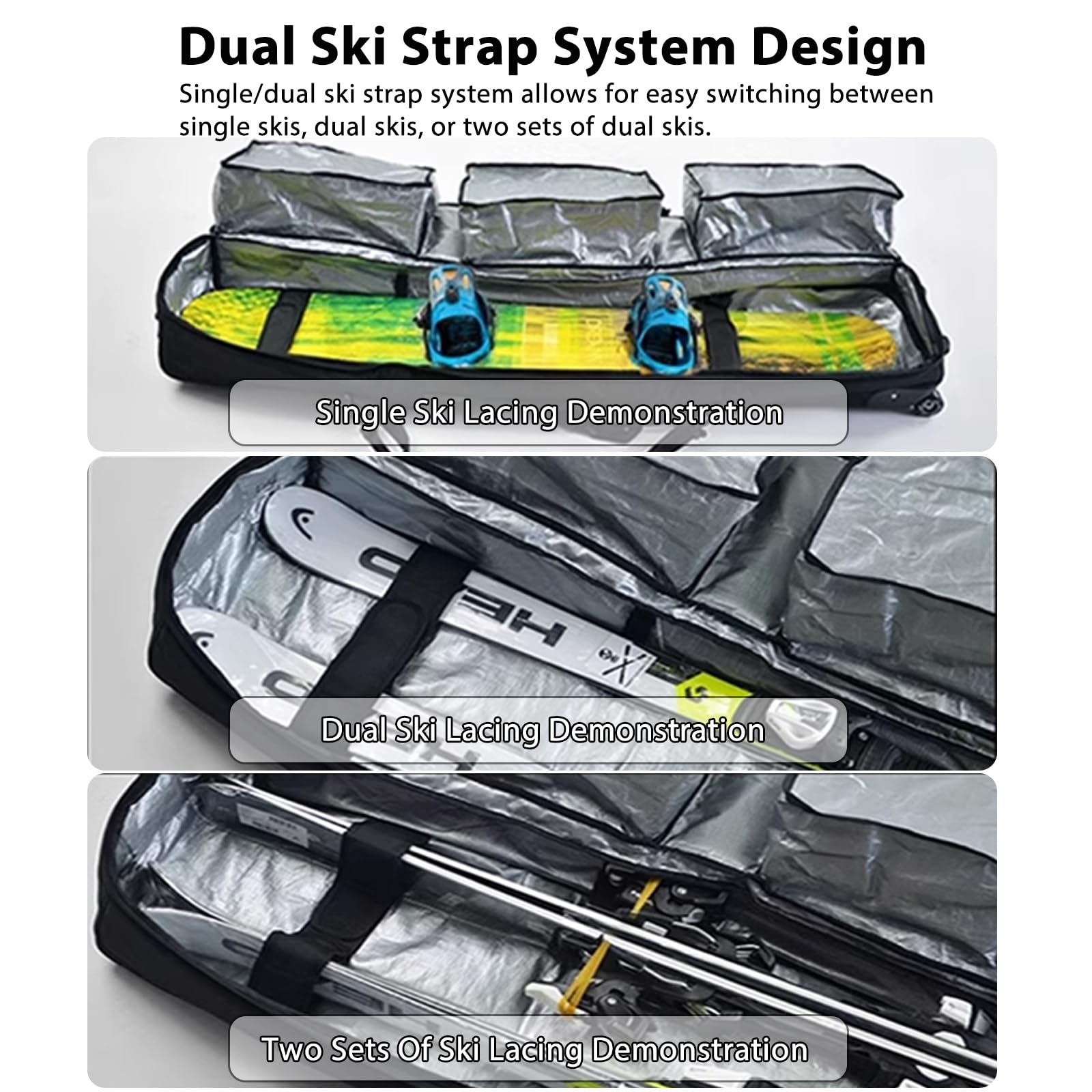 Sac À Skis À roulettes pour Les Voyages en Avion, Sac De Snowboard Rembourré Et Imperméable, Convient pour Skis Et Chaussures, Peut Contenir 2 Paires De Skis