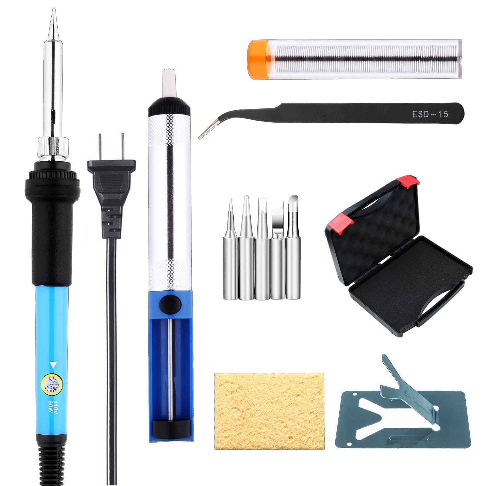 8-in-1 Portable Electric Soldering Iron Kit,60W Adjustable Temperature 200~450℃ Solder Iron Kit with 5pcs IronTips,Solder Wire,Tweezers,Sponge,Solder Sucker,Y Stand,Tool Box,Instruction