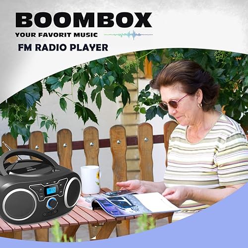 Miniatura 7 de Reproductor de CD de radio portátil Boombox con Bluetooth y radio FM, puerto USB, entrada AUX, conector para auriculares, reproductor de CD compacto