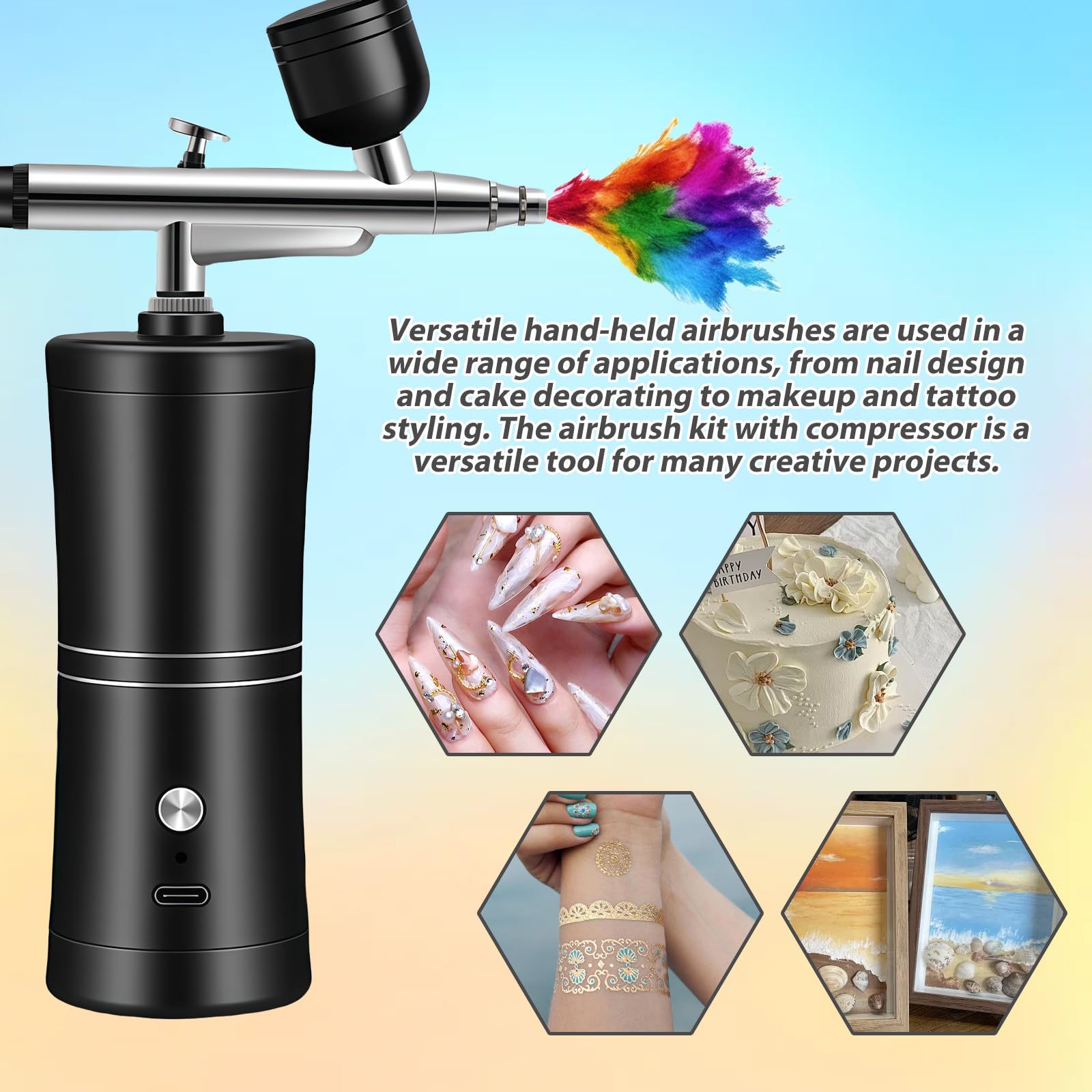 AirBrush Set con compressore: pistola aerografo manuale multi funzione, aerografo portatile ricaricabile per trucco, nail design, decorazione torta, modellazione tatuaggio e pittura modello