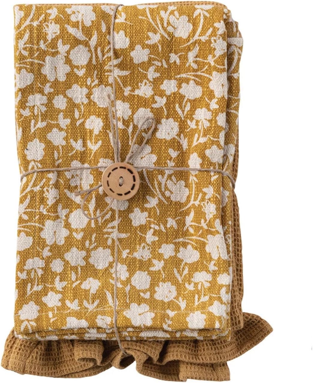 Cotton Slub and Waffle Weave 2-Piece Dish Towel Set, Floral/Solid, Mustard