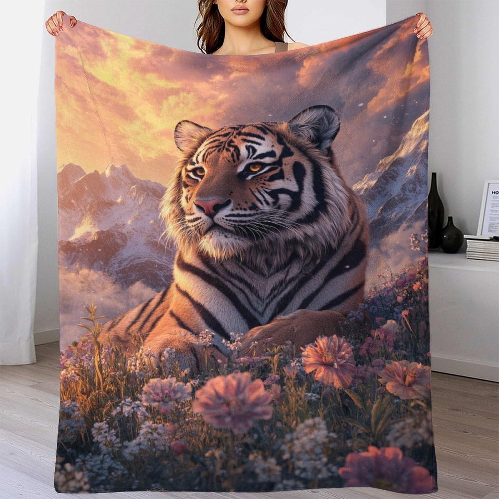 Tiger in Bloom Bed Blanket Double Microfiber Single Blanket for Chair Men 40x50inch(100x130cm)