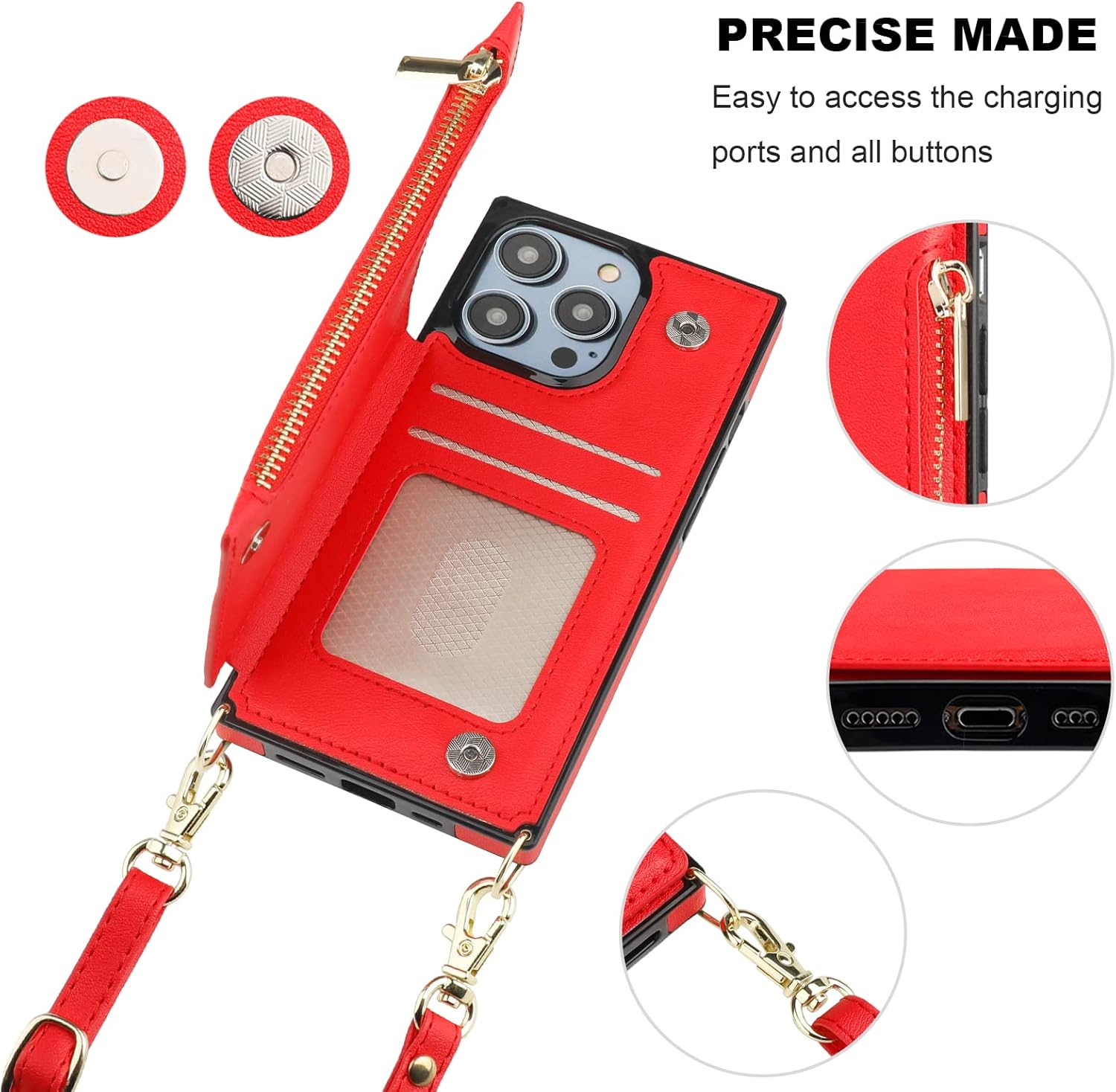 Bocasal Crossbody Wallet Case for iPhone 14 Pro with RFID Blocking Card Slot Holder, Magnetic Flip Folio Purse Case, PU Leather Zipper Handbag with Detachable Lanyard Strap 6.1 Inch 5G (Red)