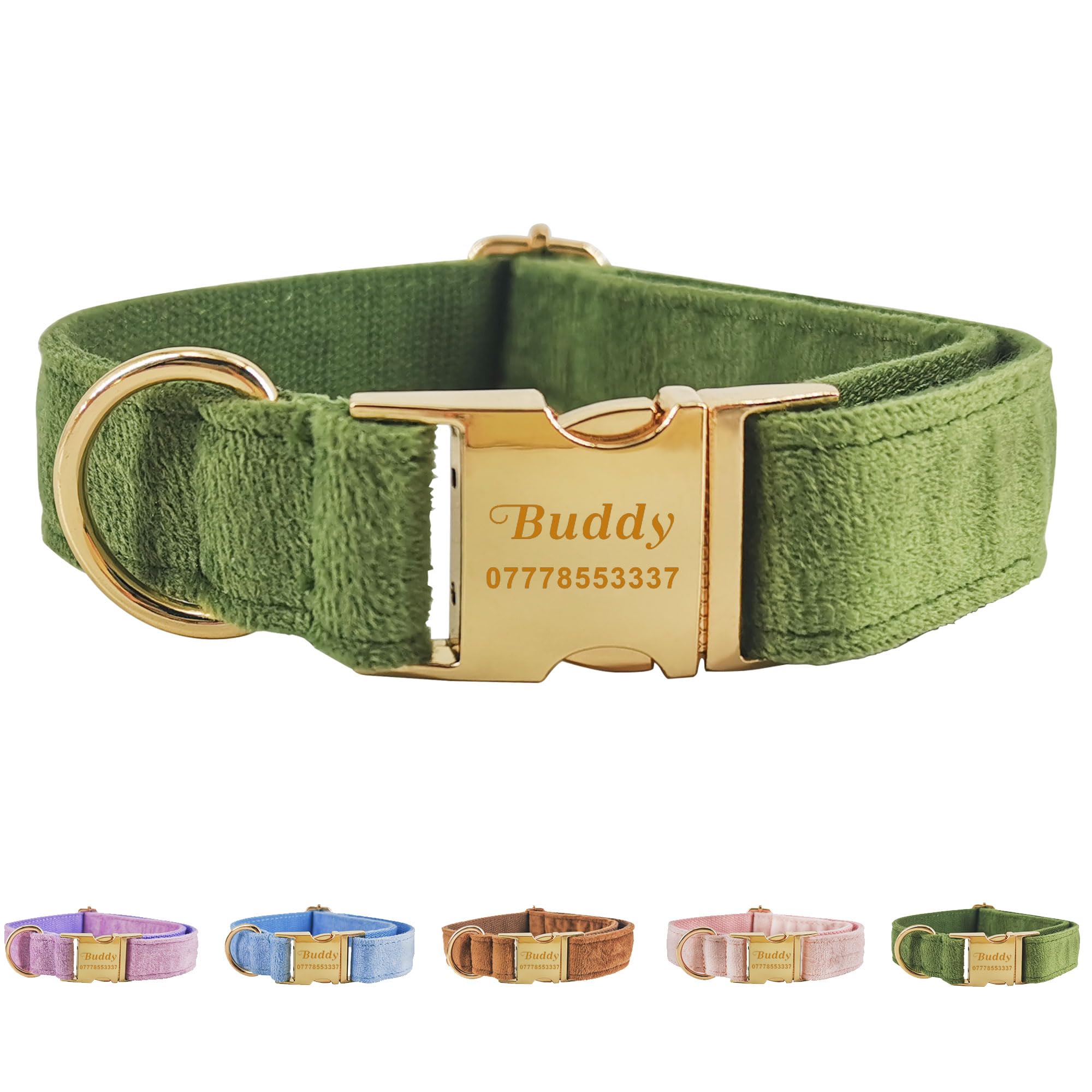 Personalised Dog Collar Custom Adjustable Velvet Dog Collars Engraved Puppy Pet Collars for Small Medium Large Dogs Cats Puppy Pet Furry Friend (Green, S)